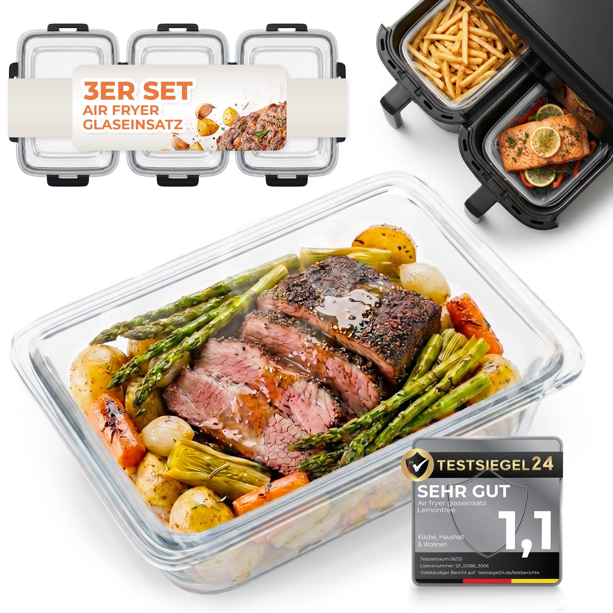 Lemontree Küchenmaschinen Zubehör-Set Glasbehälter für Airfryer –Airfryer Zubehör BPA-frei spülmaschinenfest, Zubehör für Alle gängigen Airfryer, Heißluftfritteusen, Mikrowellen, Öfen & Gefrierschränke, Vorratsdosen Set hitzebeständig bis 300°C - Ersatz f