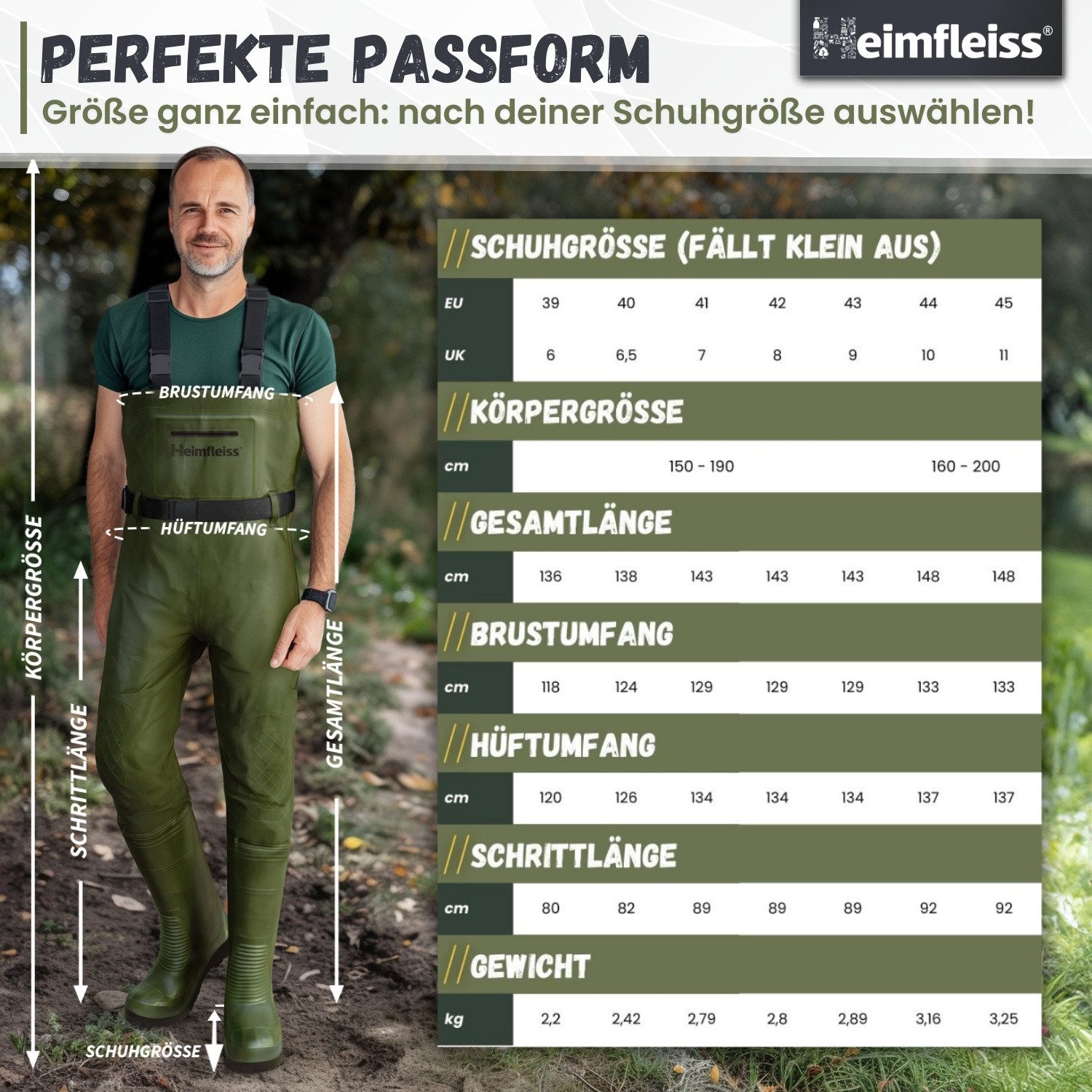 Heimfleiss® Wathose Wathose grün Größe 44: Wasserdichte Wathose mit Stiefel & Zubehör