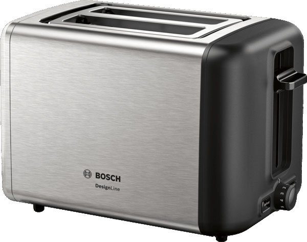 BOSCH Toaster DesignLine TAT3P420DE, Integrierter Edelstahl-Brötchenaufsatz, 2 kurze Schlitze, 820 W, Abschaltautomatik, Auftaufunktion, Liftfunktion, Breit, Edelstahl