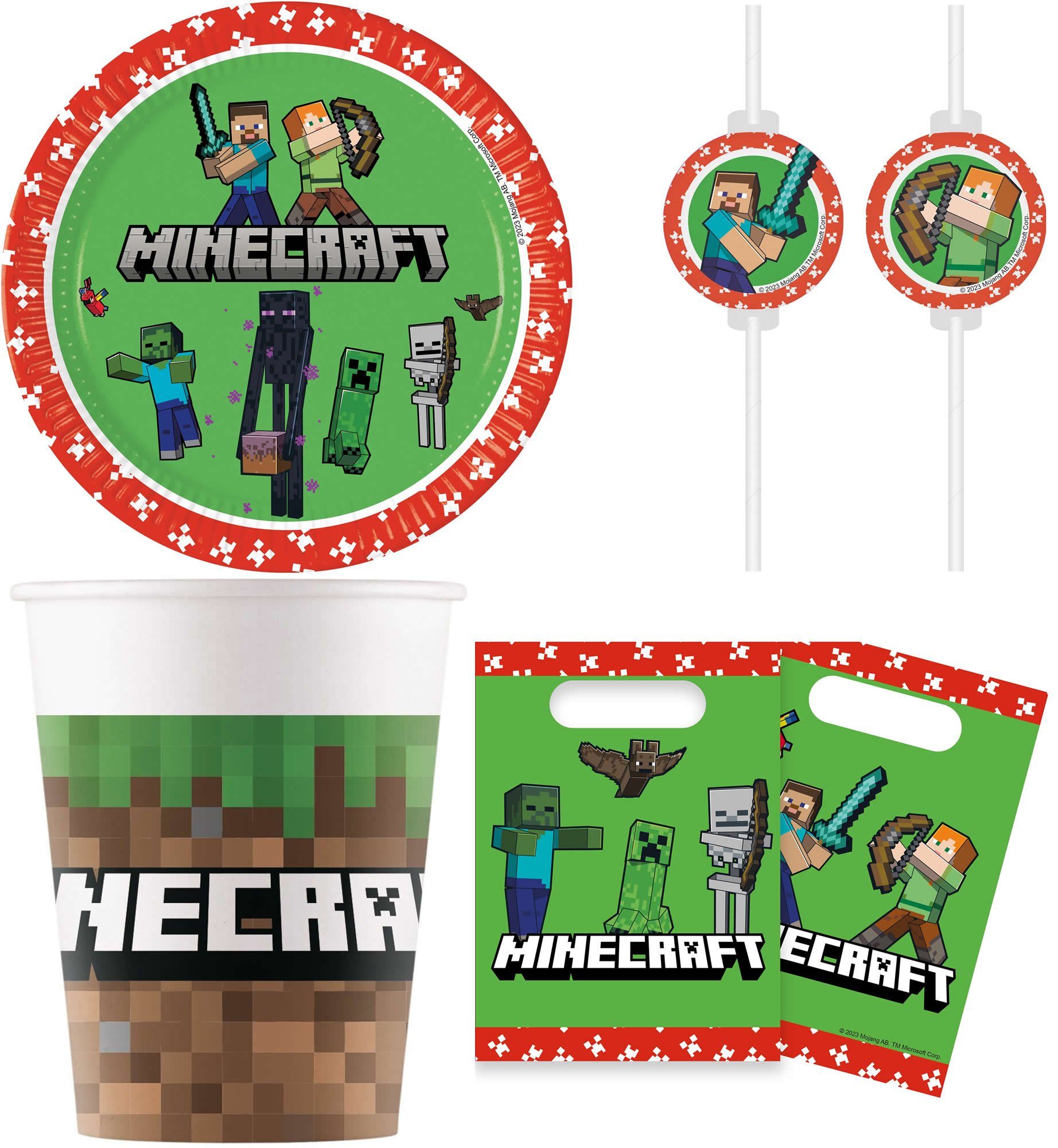 Procos Einweggeschirr-Set 32-tlg. Set Kindergeburtstag Party Deko Feier Fete Motto Minecraft (32-tlg), 8 Personen