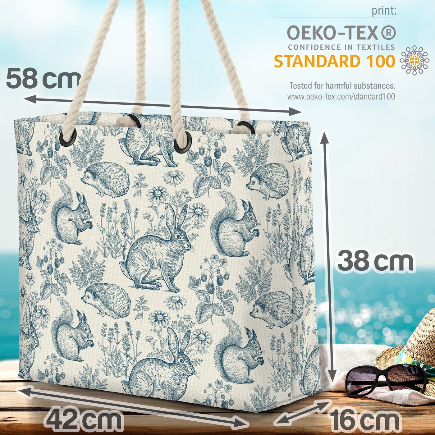 blume muster pflanze Waldtiere Hase hase beere tier Blumen VOID igel Strandtasche (1-tlg), Igel