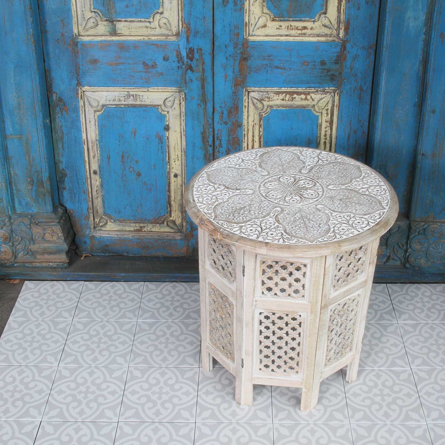 Casa Moro Beistelltisch Orientalischer Beistelltisch Haytam 52x52x54 cm (B/T/H) rund (in Shabby Chic weiß aus Mango Holz handgeschnitzt), Vintage Sofatisch Couchtisch Massivholz NH-5326-B