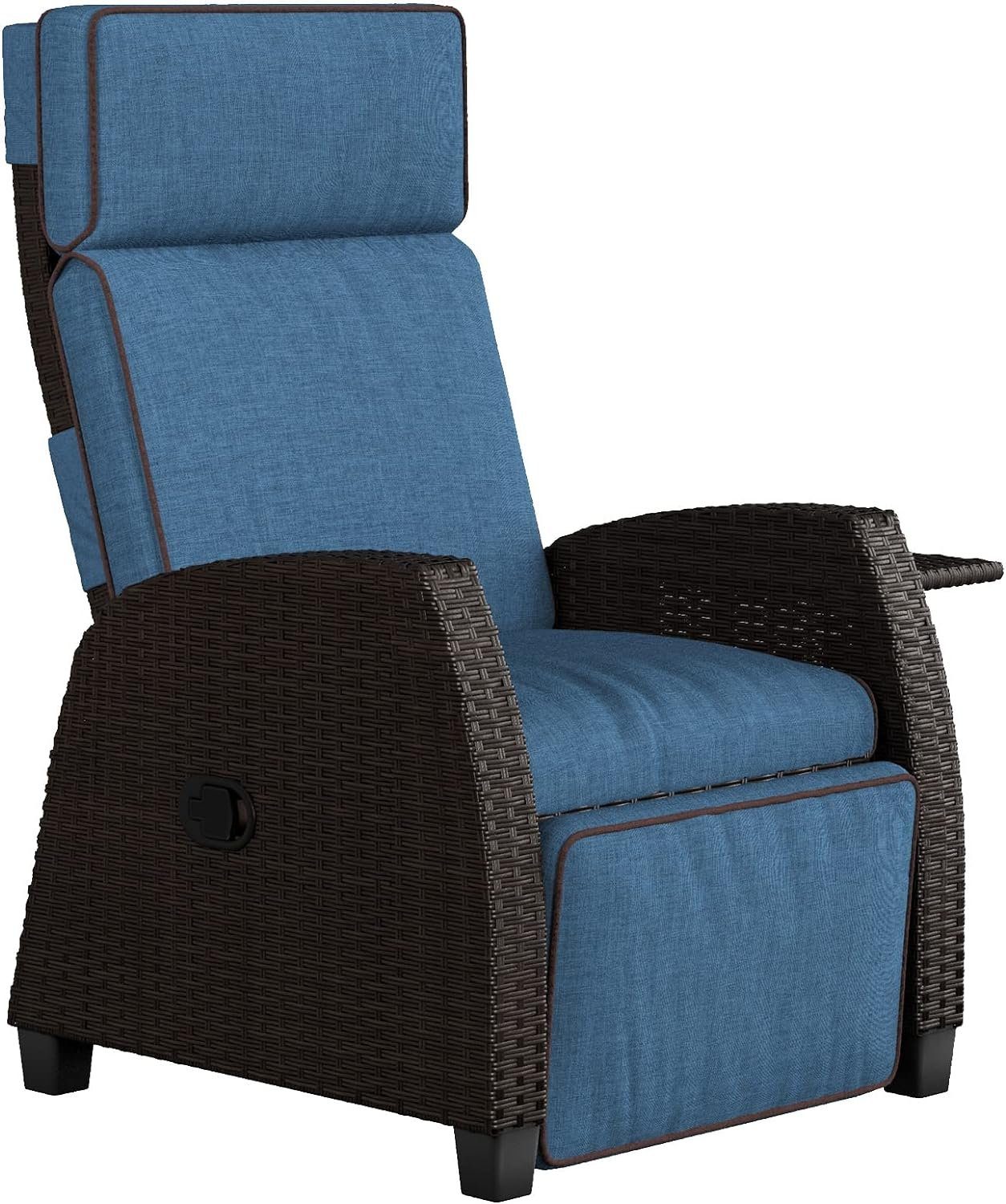 Grand patio Gartensessel mit Sitzkissen, mit Beistelltisch, aus PE-Rattan, Rückenlehne 150 Grad einstellbar Blau | Dunkelbraun