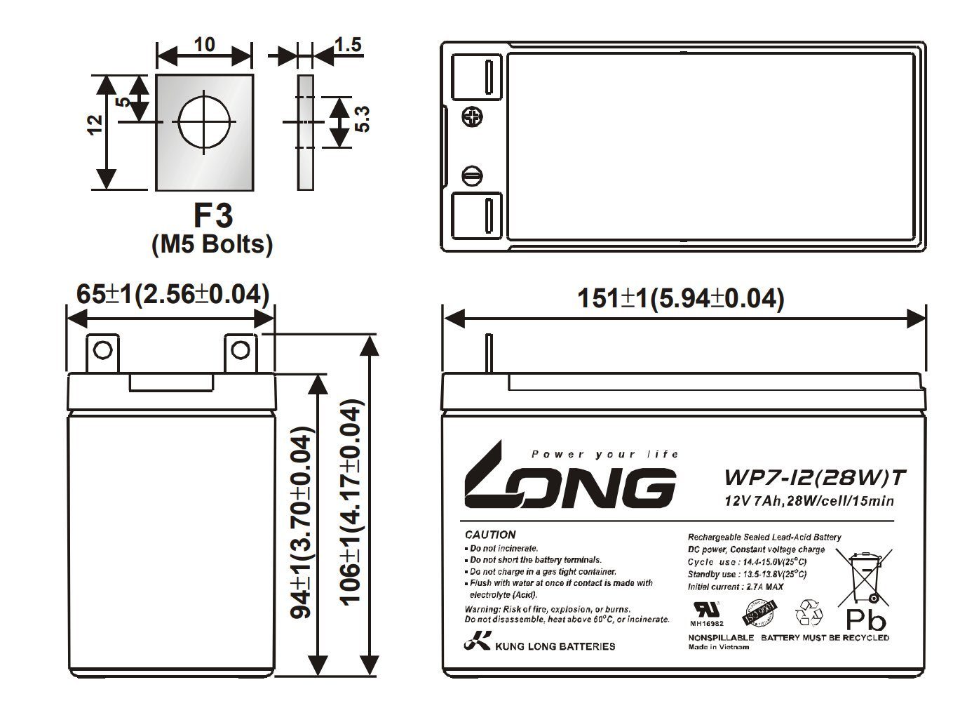 Kung 7Ah Kung Bleibatterie AGM Long Bleiakkus Long WP7-12(28W)-M/F2 12V