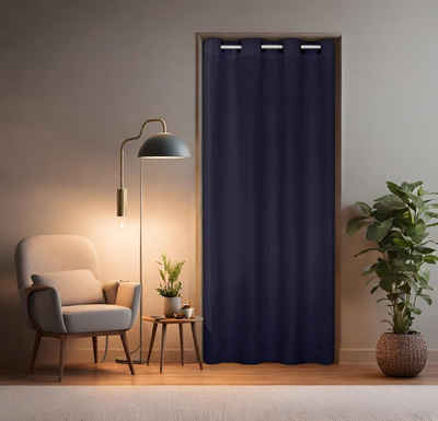 Türvorhang mit Stange weiß 70-120 cm Thermo Vorhang ohne Bohren, blickdicht, tinycurtains, Ösen, verdunkelnd, Polyester, dunkelblau Ocean, Türgardine mit Klemmstange Raumtrenner Vorhang Tür