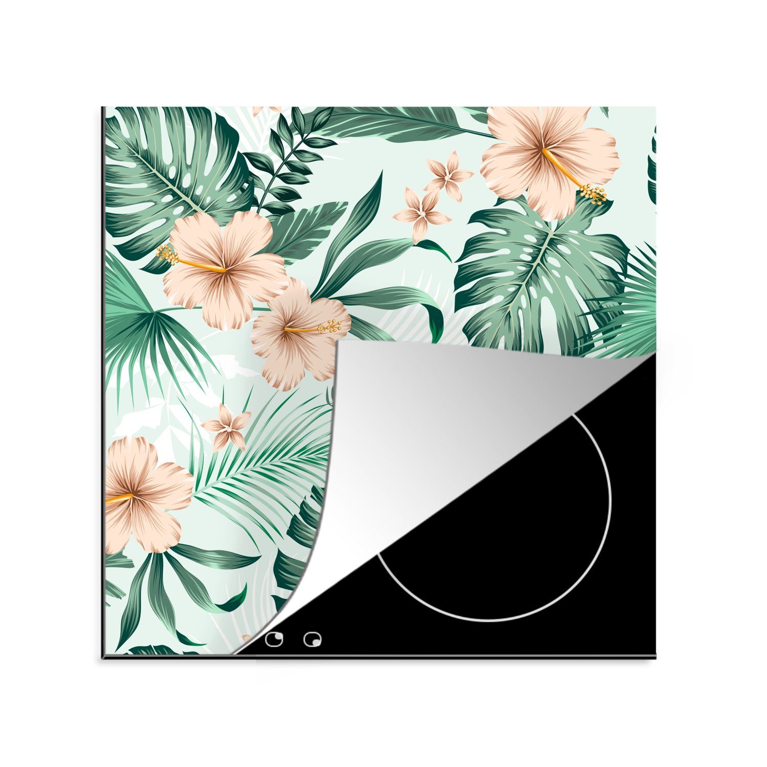 MuchoWow Herdblende-/Abdeckplatte Blumen - Hibiskus - Monstera - Muster, Vinyl, (1 tlg), 78x78 cm, Ceranfeldabdeckung, Arbeitsplatte für küche