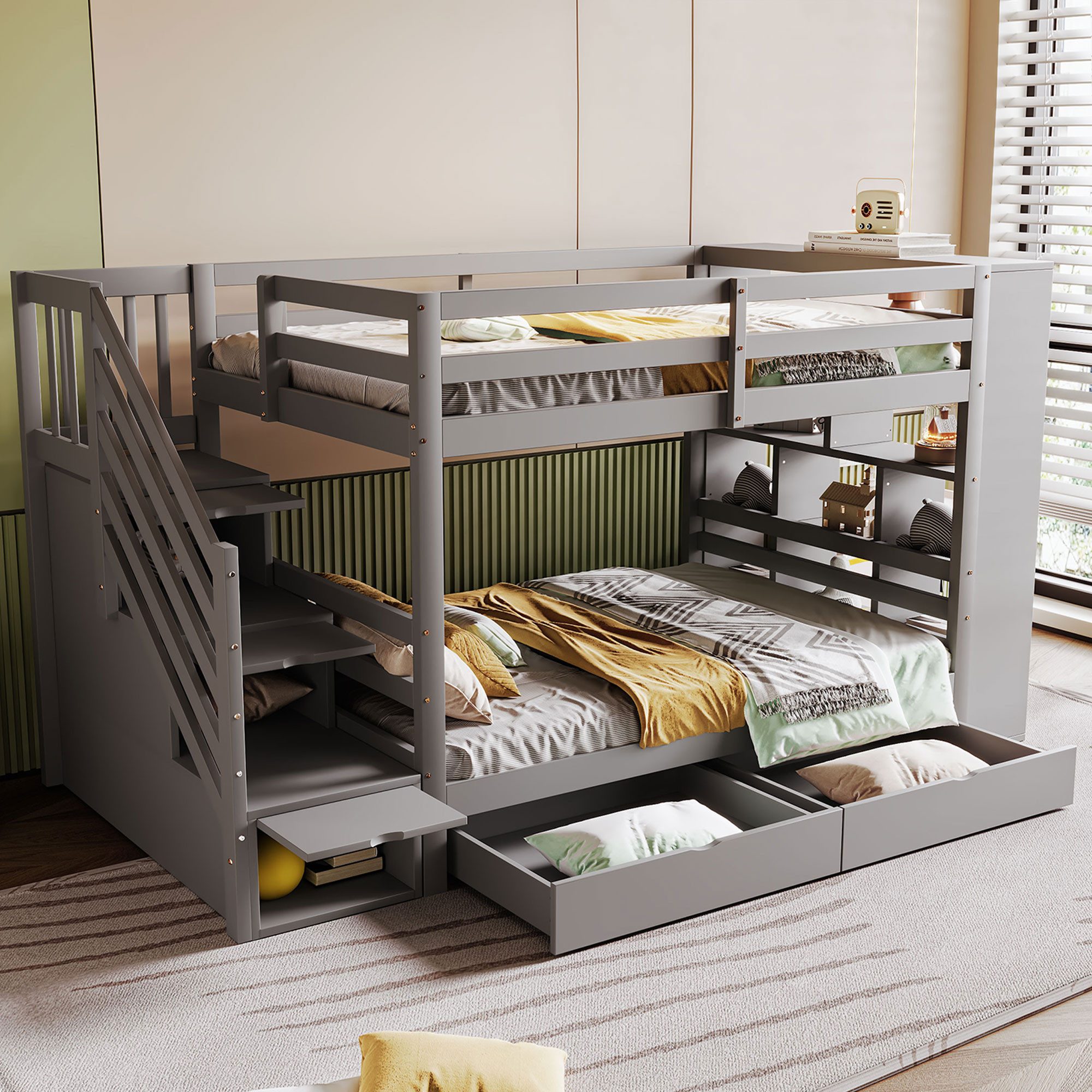 Flieks Etagenbett, Kinderbett 90x200cm mit 2 Schubladen, Seitschrank, Staur günstig online kaufen