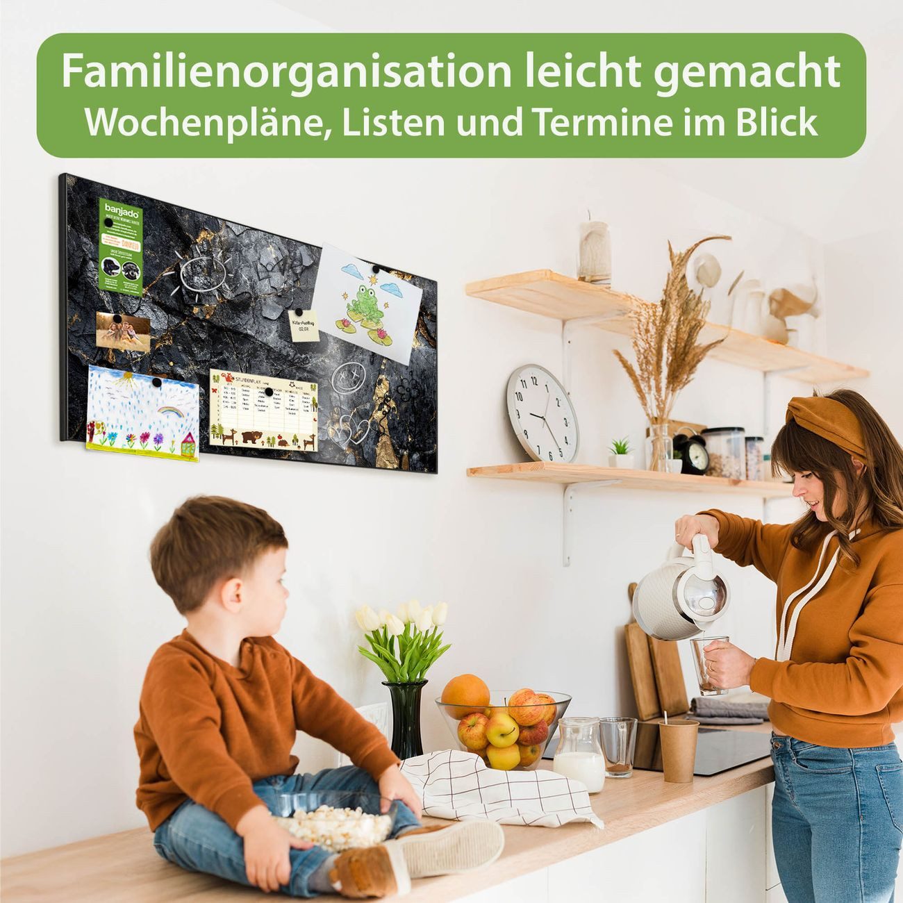 banjado Magnettafel Schwarz aus Stahl Querformat mit Motiv Schwarzer Marmor mit Gold 1, (inkl. 4 Magnete, Stahlmagnettafel)