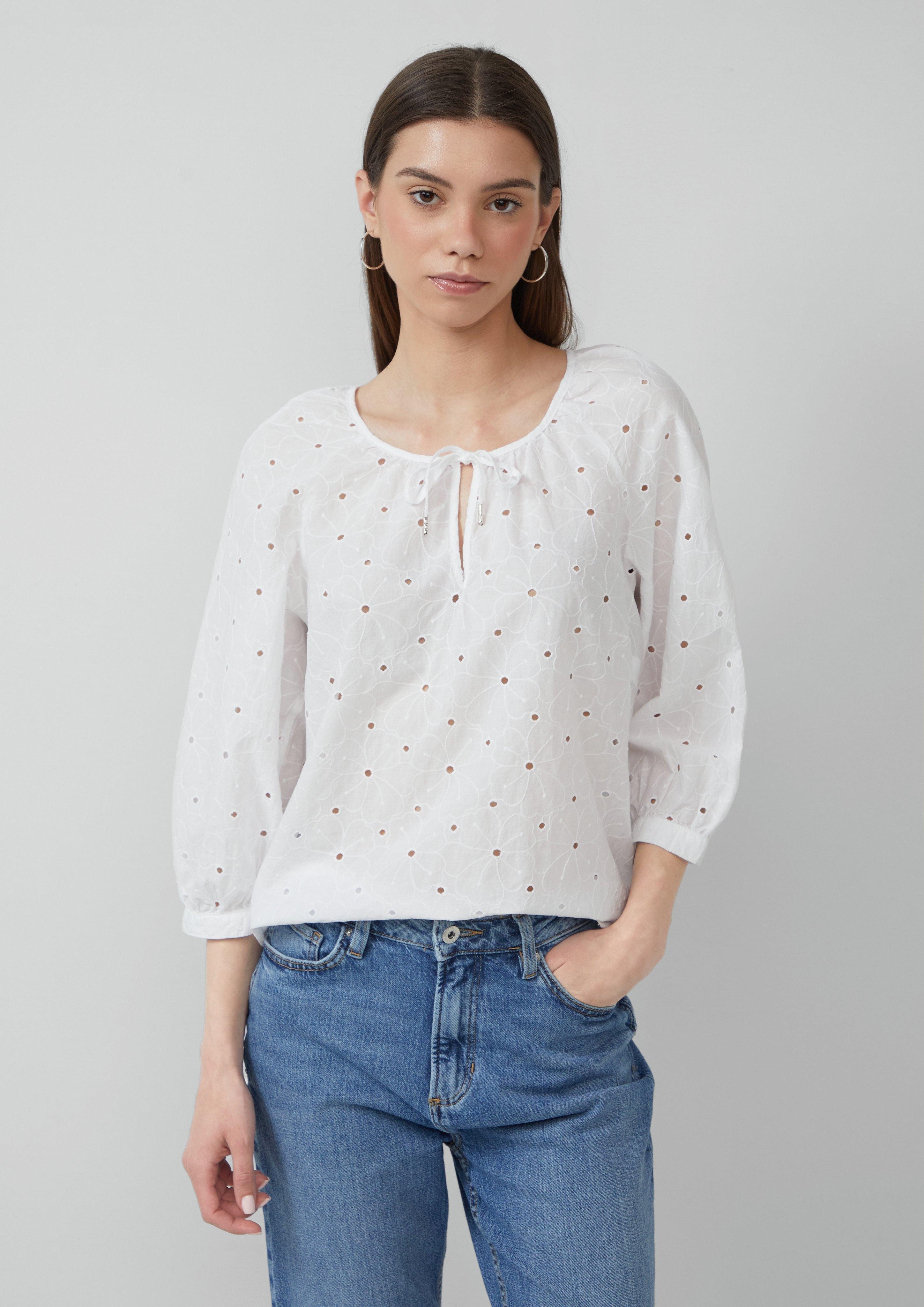Langarmbluse Bluse mit Lochstickerei