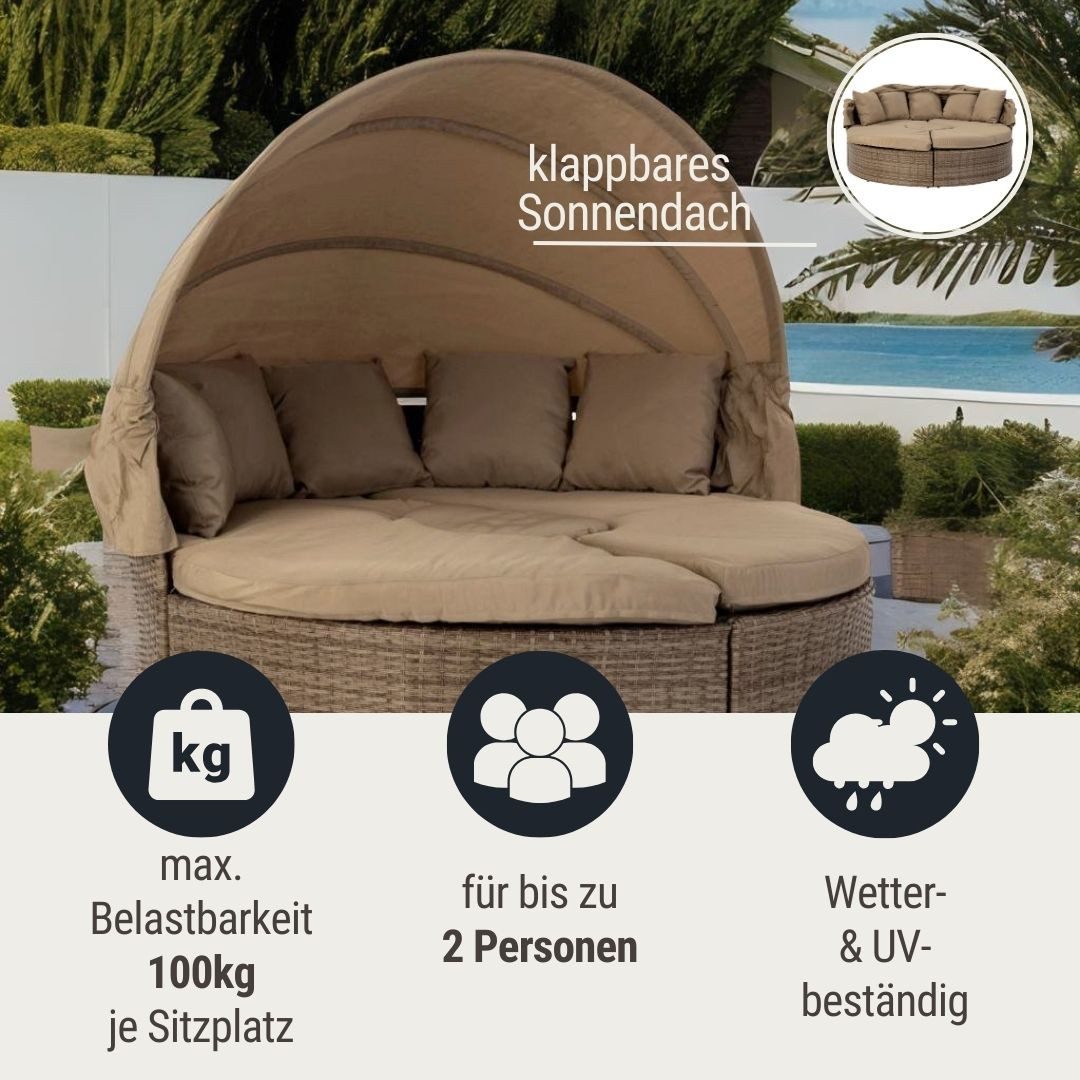 Wohnando Garten-Essgruppe Garten-Sonneninsel "Sol", Gartenlounge-Set 172x172x142cm (BxTxH), (3-tlg), Rattan Lounge inkl. Dach, beige, Loungebett, Gartenmöbel