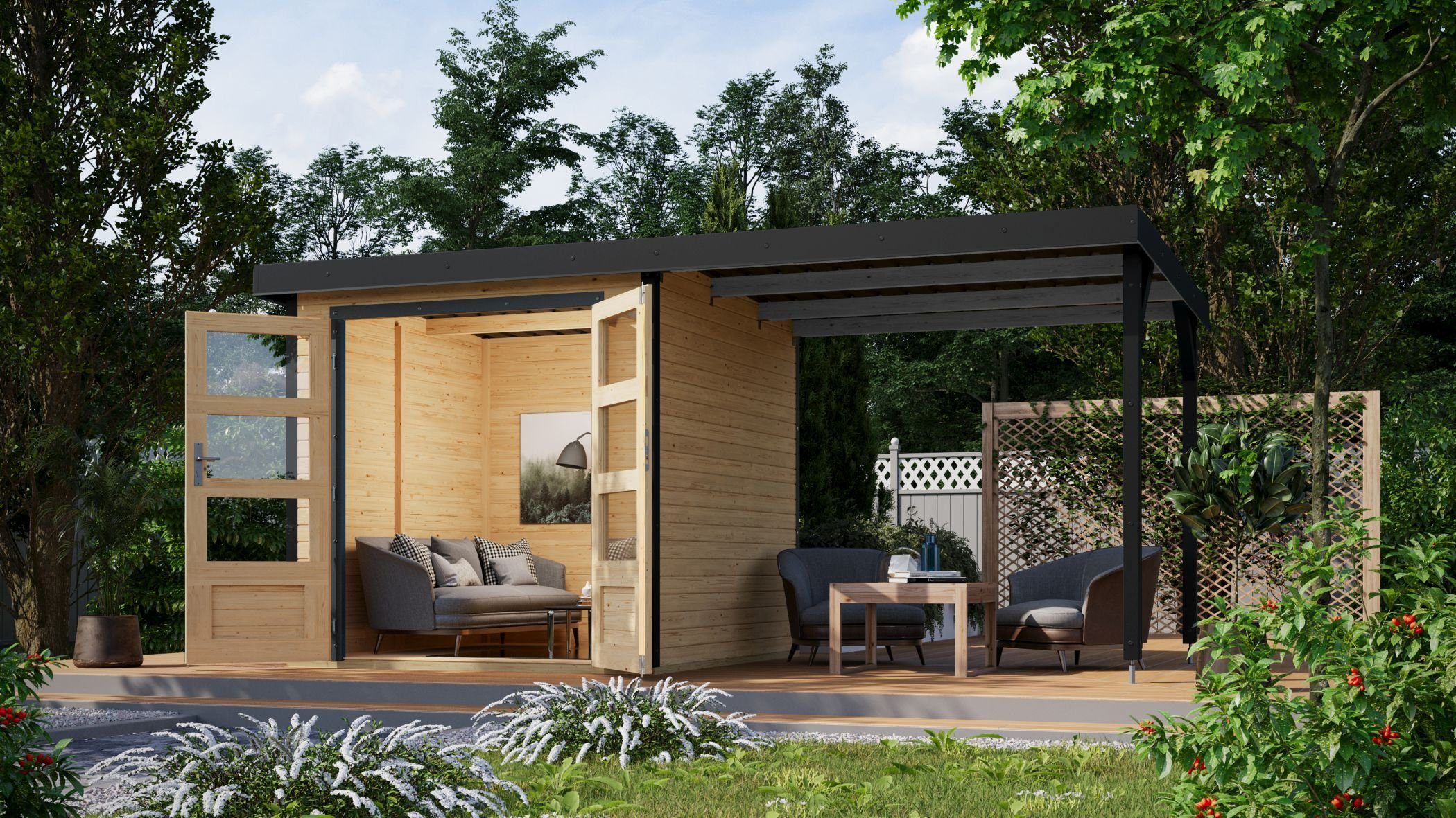 Karibu Gartenhaus Hybrid Gartenhaus Hollywood A mit Anbaudach naturbelassen, BxT: 438x217.5 cm, (1 Stück, inkl. Fußboden), Ideal für DIY-Heimwerker