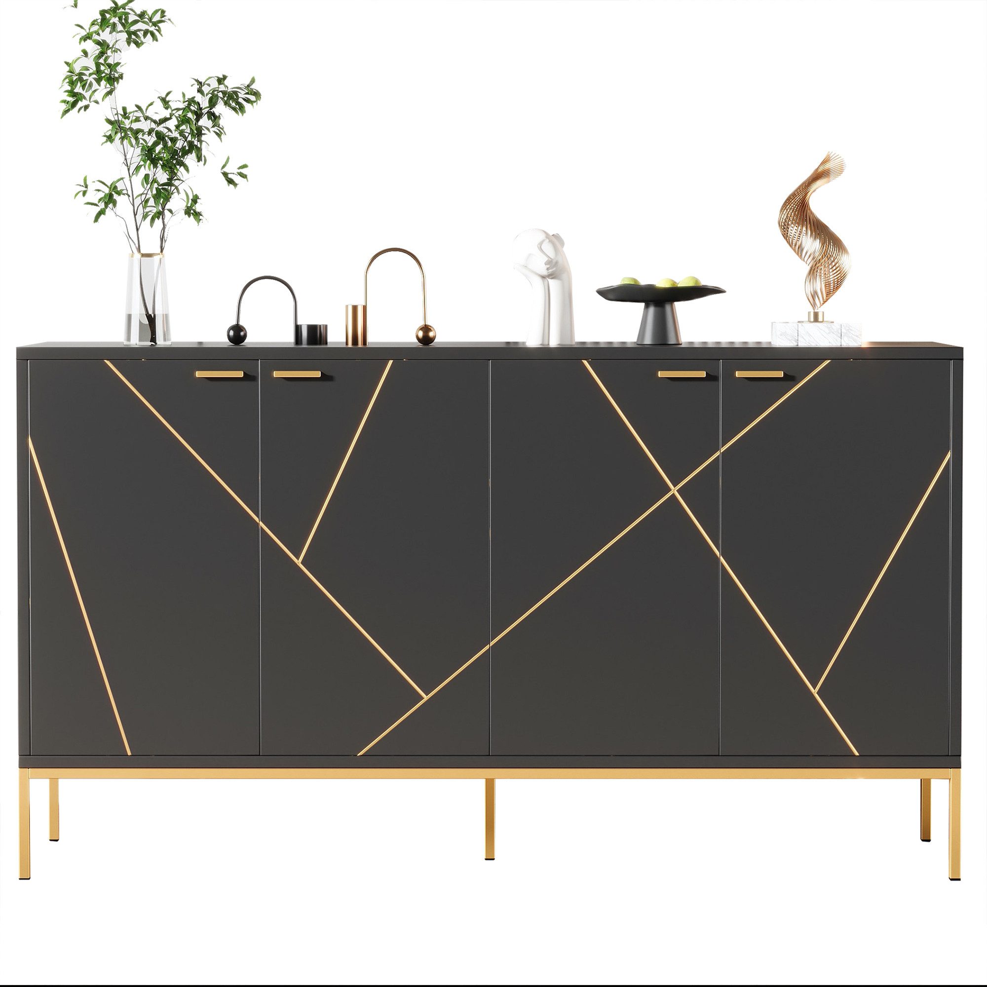 i@home Sideboard mit vier Türen, Schwarz/Golden, Gerades Design mit Metalllinien-Dekor, Maße: H80*B150*T40cm.