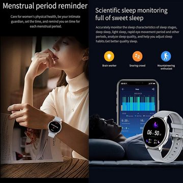 FITCXJX Damen mit Telefonfunktion SpO2 Pulsmesser Schlafmonitor Smartwatch (1,32 Zoll, Android iOS), Mit SpO2 Menstruationszyklus Schrittzähler Musikplayer Fitness Tracker
