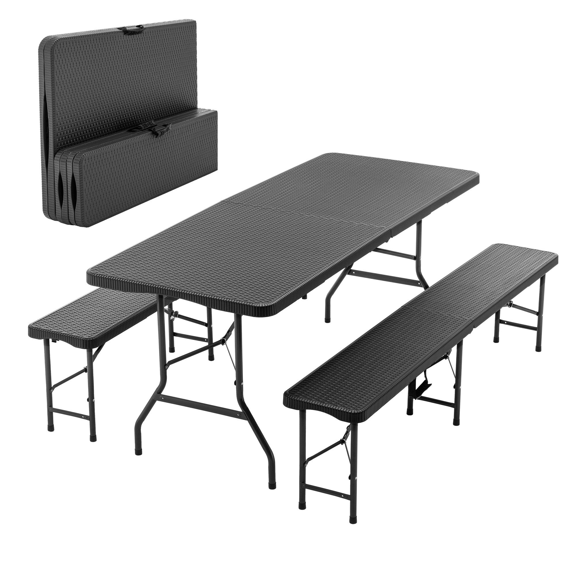 MC Star Gartenlounge-Set 6ft Klappbarer Picknicktisch mit 2 Bänken, 3-teiliges Camping Set, (HDPE Tischplatte mit Baummuster, Sicherheitsverriegelung, UV- & wasserbeständig, Schwarz)