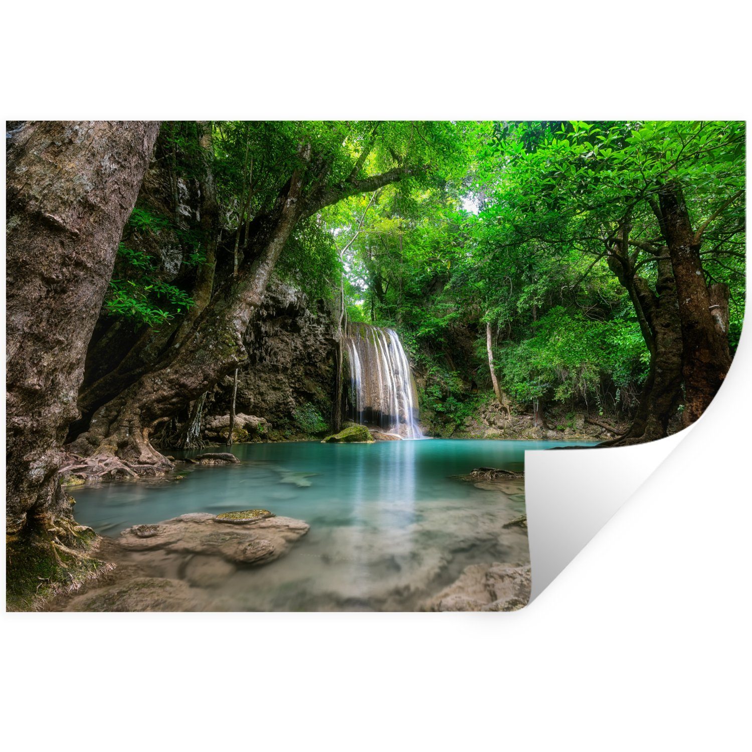 MuchoWow Wandsticker Dschungel - Wasserfall - Pflanzen - Wasser - Natur (1 St), Wandtattoo, Selbstklebend, Wohnzimmer, 30x20 cm