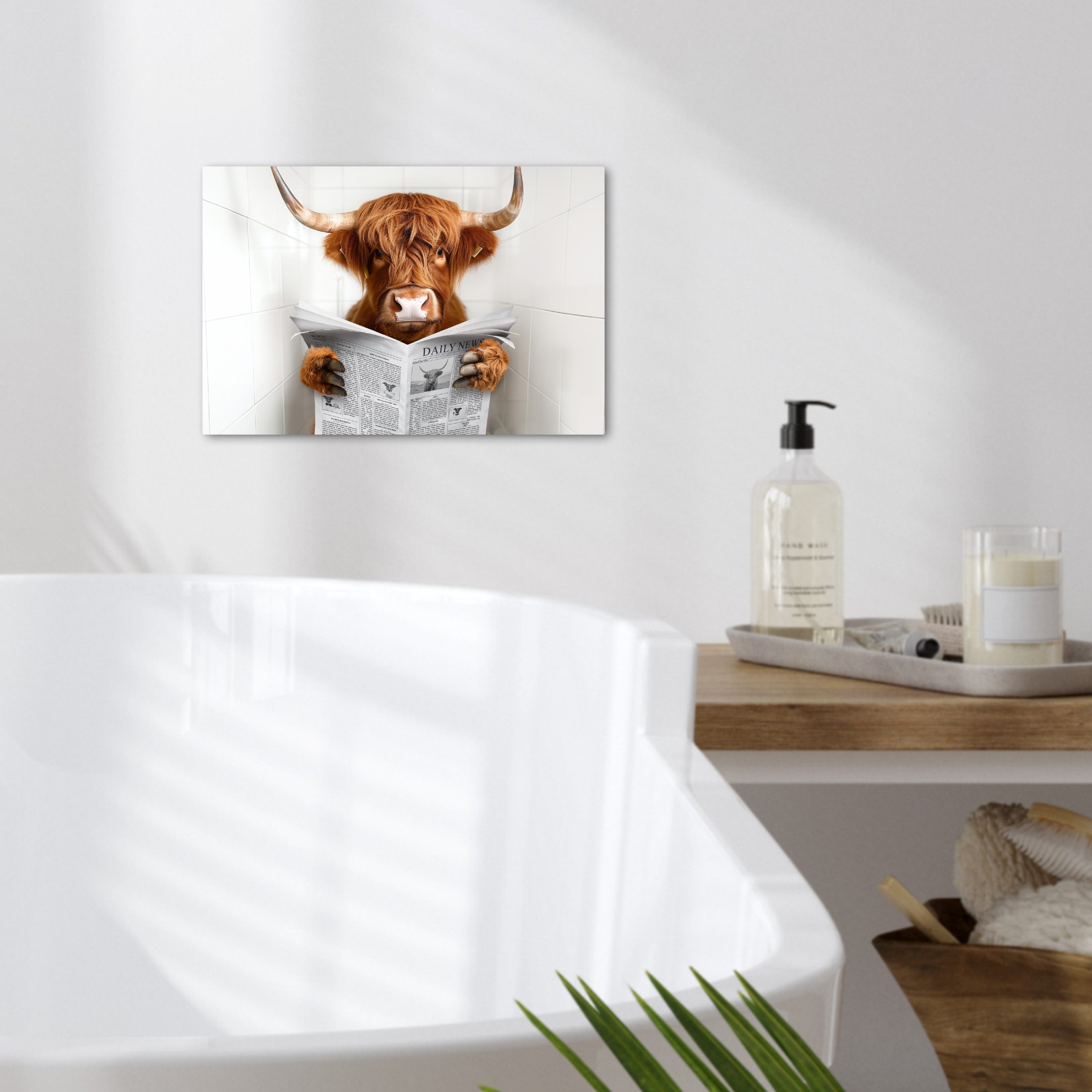OneMillionCanvasses® Leinwandbild Hochlandbewohner - Tier - Zeitung - Toilette, Fotodruck (1 St), Bilder für Badezimmer, Bad und Toiletten Deko, Bild WC 30x20 c – Bild 2 von 5