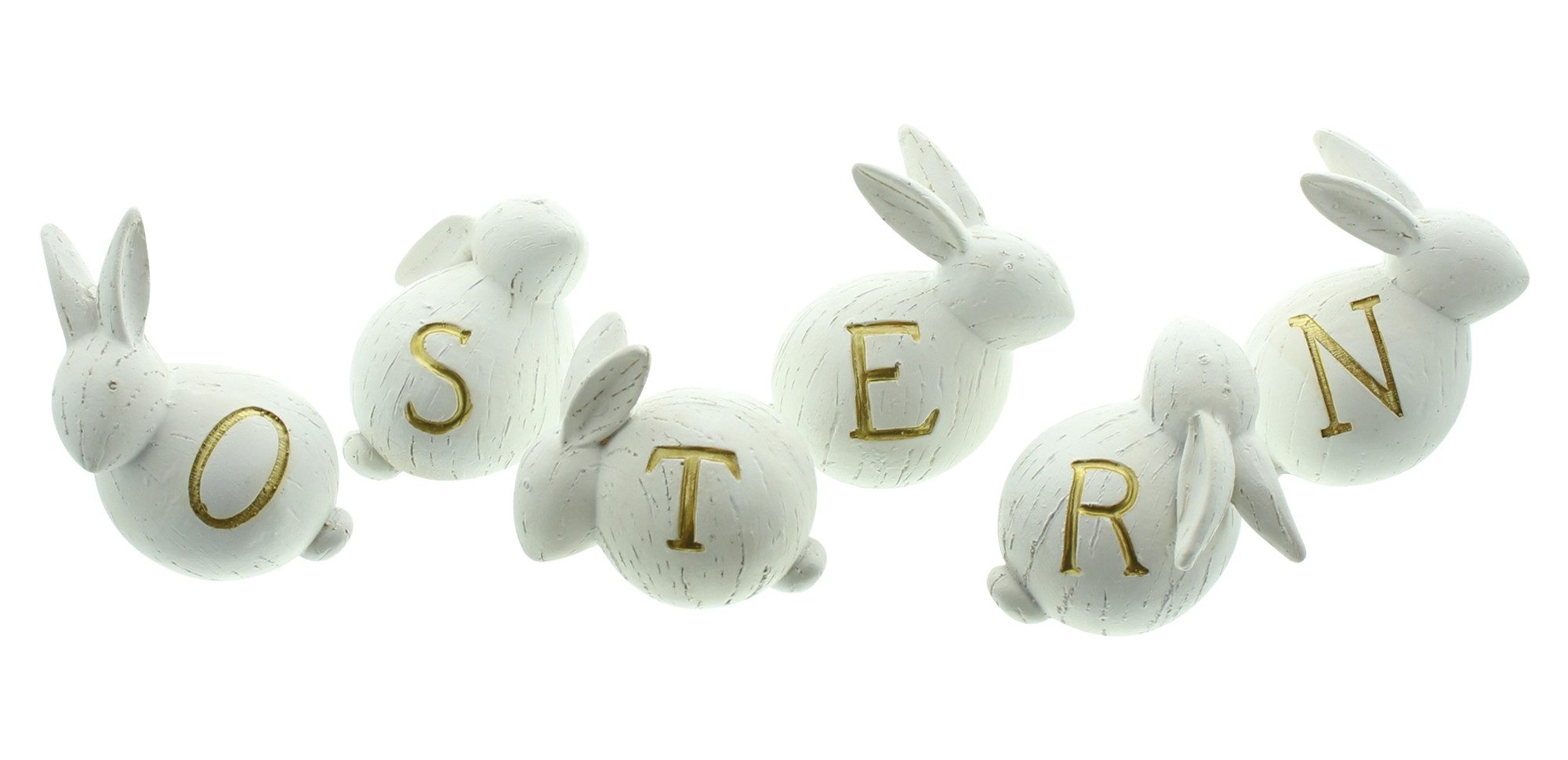 Osterhase weiß mit Schriftzug OSTERN in gold, Dekofigur, Osterdeko, Tischdeko