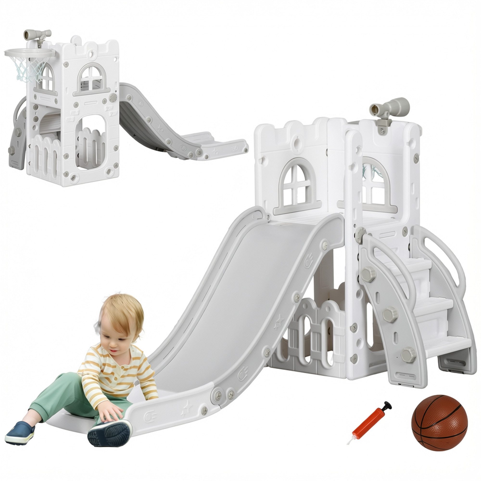 AIYAPLAY Rutsche Kinder 7-in-1 Klettergerüst mit Basketballkorb, (Gartenrutsche, 1-tlg., Babyrutsche), für Kinder 1-3 Jahre, Grau