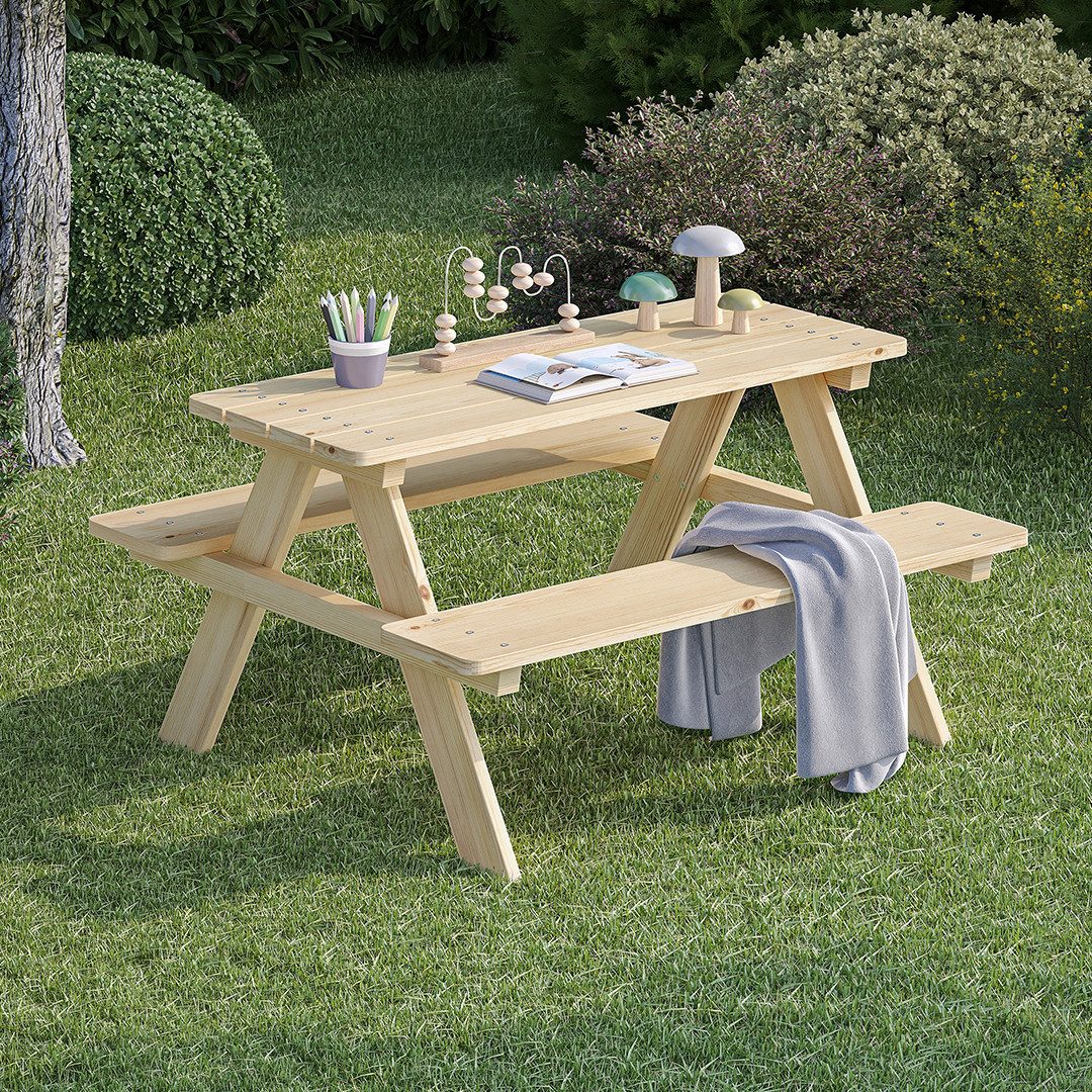 Bellabino Kindersitzgruppe Inny Outdoor-Bank aus Holz, (Tisch und Bänke, Sitzgruppe), für 4 Personen, unbehandelt, Kindermöbelset aus Kiefer Massivholz