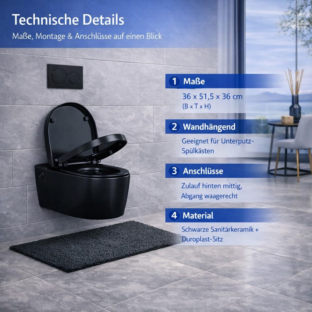welltime Tiefspül-WC Vigo, wandhängend, Abgang waagerecht, spülrandlose Toilette aus Sanitärkeramik, inkl. WC-Sitz mit Softclose