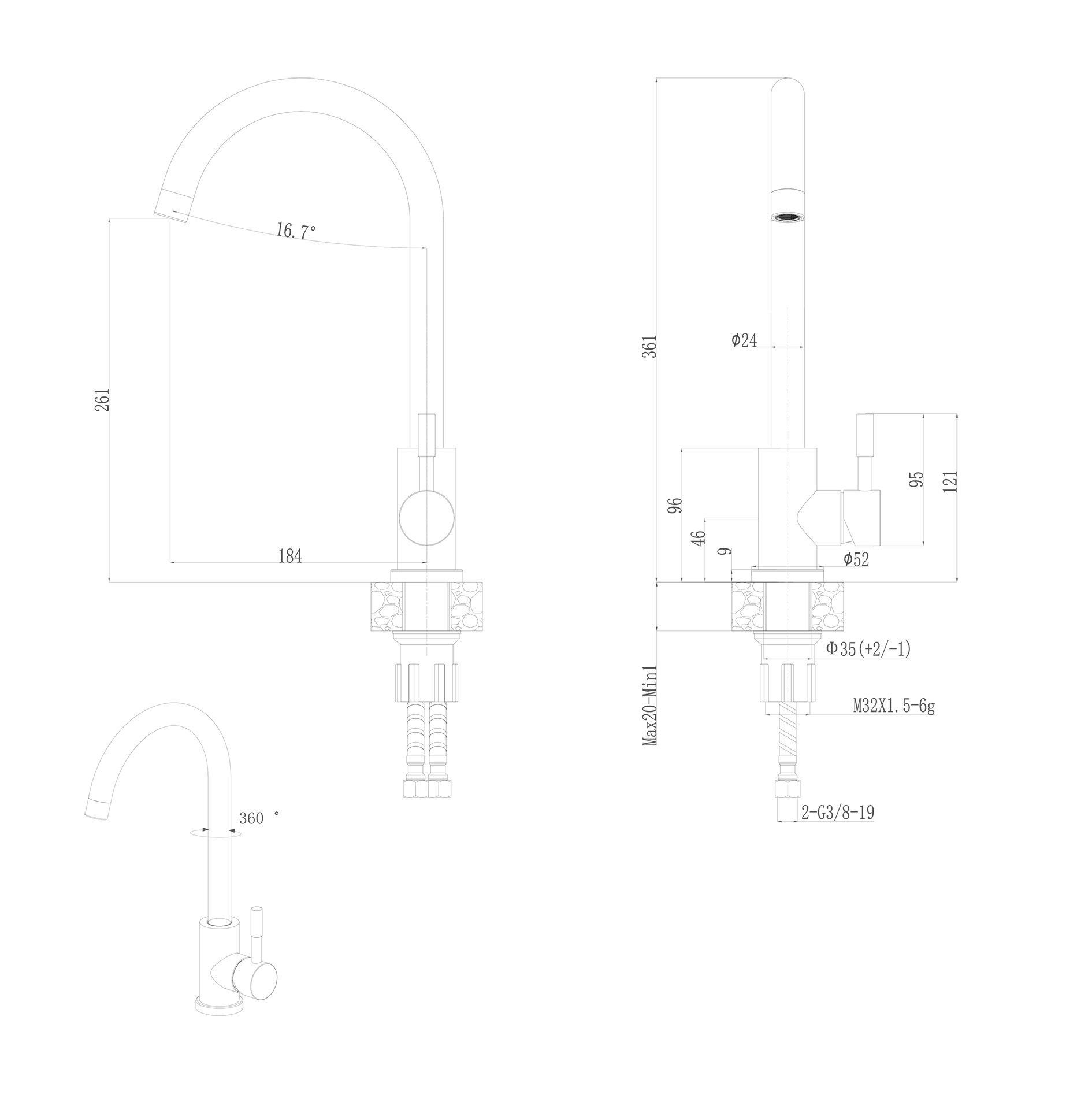 GURARI Küchenspüle SQQ100 - (2 Granitspüle Einbau E2, metallic W+5523 +Edelstahl 601 cm, Schwarz Armatur St), 56.5/51