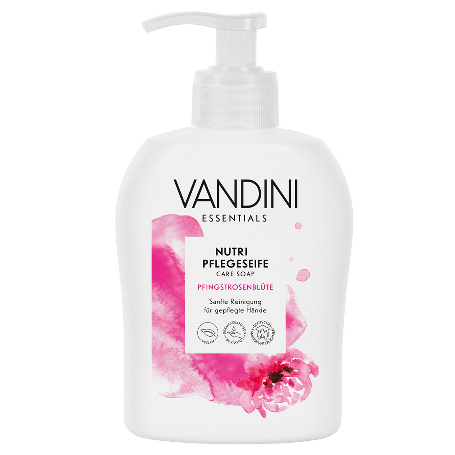 VANDINI Flüssigseife Nutri Flüssigseife Spender mit Pfingstrosenblüte Duft, vegan, 300ml, 1-tlg.