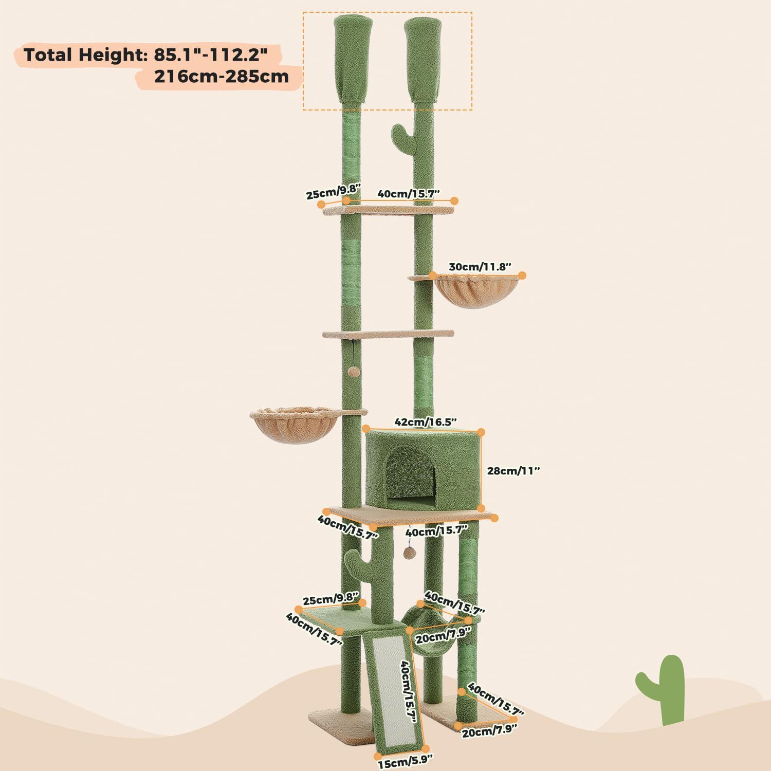 Purpurra Kratzbaum PurpurRain Kratzbaum Deckenhoch Kaktus mit großer Höhle Grün, 230cm