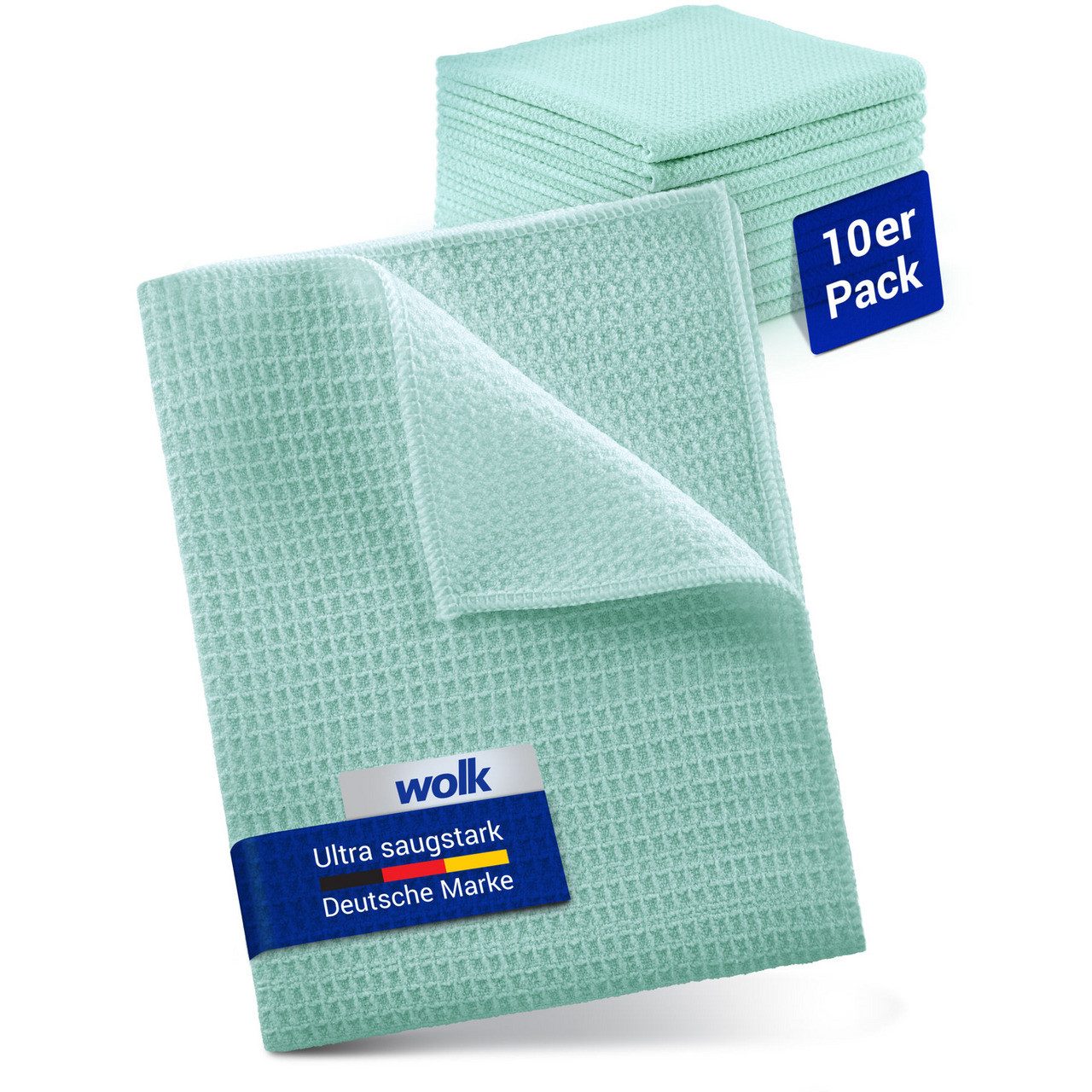 wolk Mikrofasertuch mit Waffelstruktur in mint - Reinigungstuch (Polyester, 38x38 cm, 10er-Set, hygienisch auf 90° waschbar)