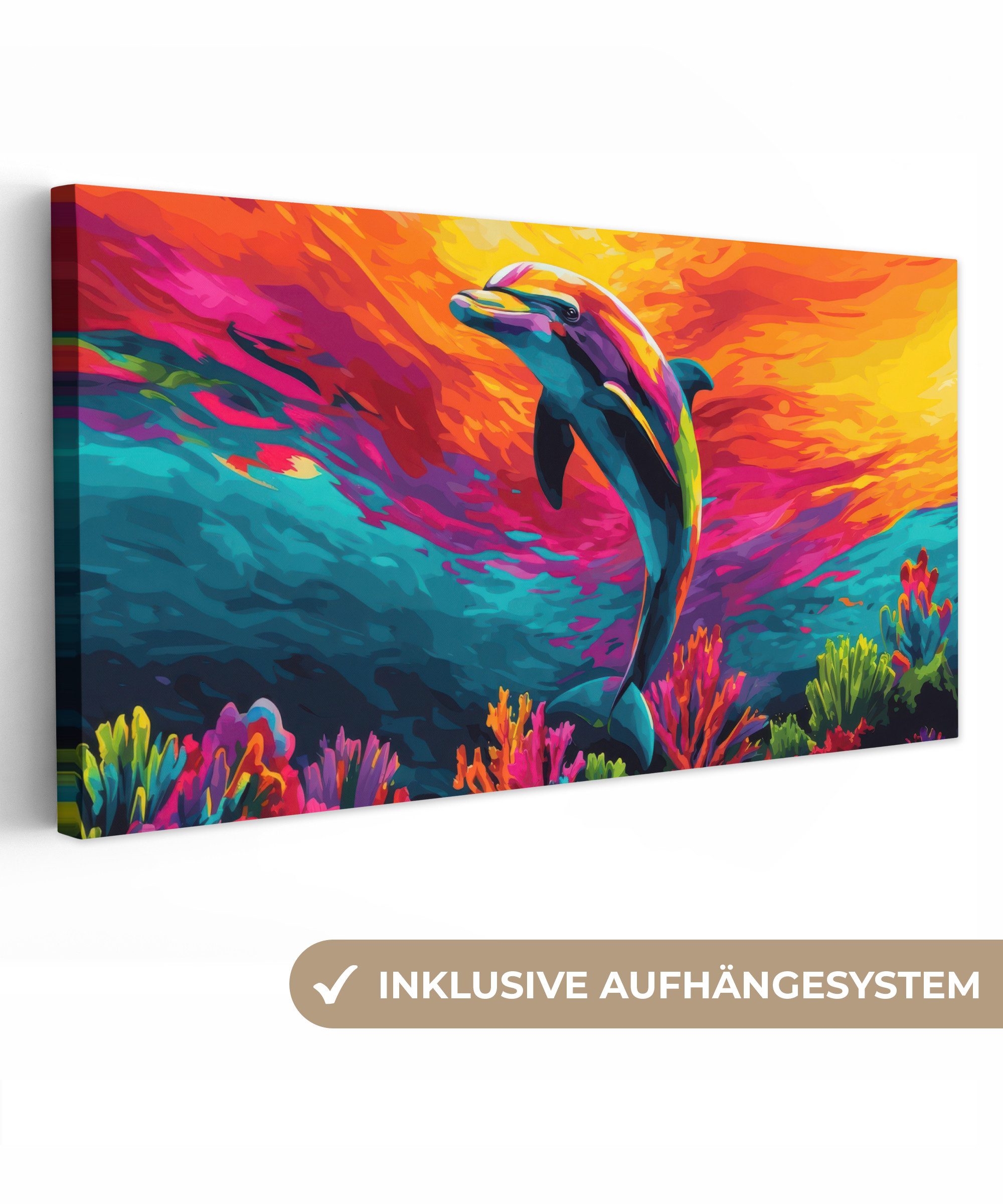 OneMillionCanvasses® Leinwandbild Panorama Delfin - Farbenfroh - Ozean - Koralle, Fotodruck (1 St), Wandbild, Deko Schlafzimmer Wohnzimmer Flur 40x20 cm