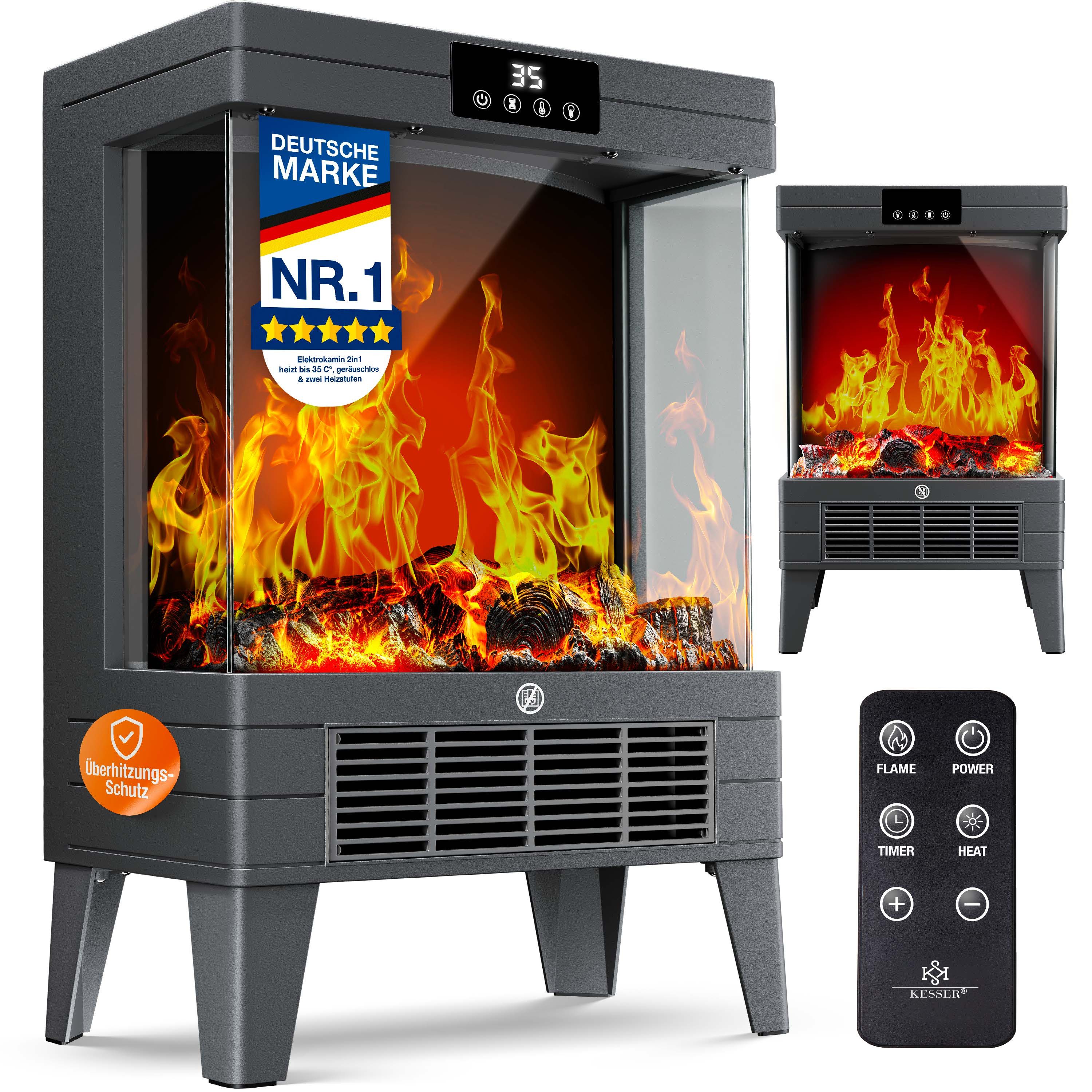 KESSER Elektrokamin mit integrierter Heizfunktion, zwei Heizstufen 1000W / 2000W, mit realistischem LED 3D Feuer- & Flammen Effekt