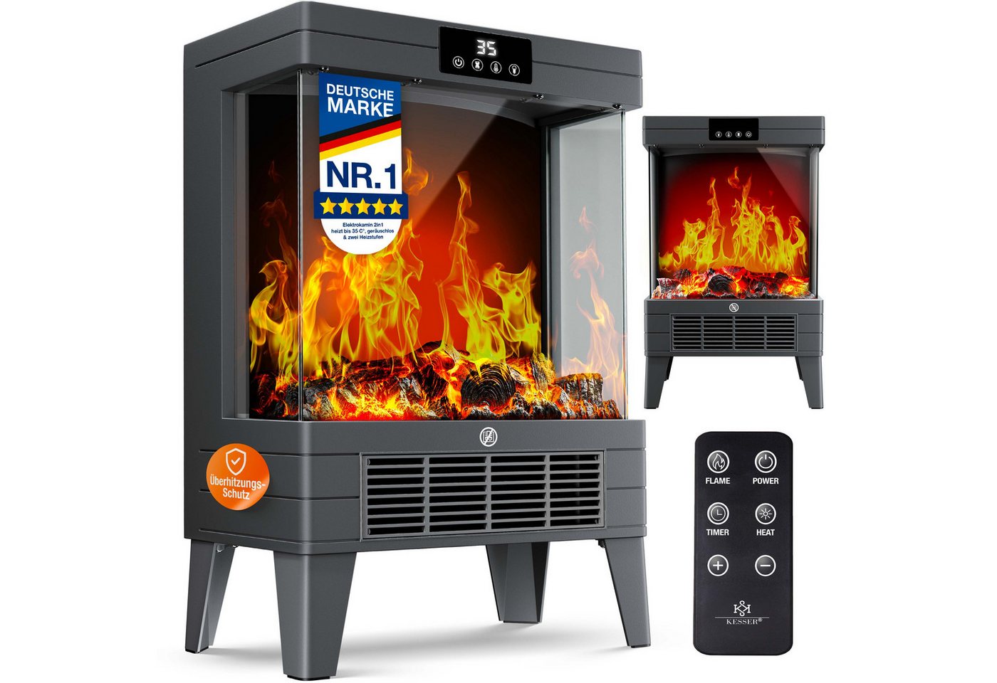KESSER Elektrokamin mit integrierter Heizfunktion, zwei Heizstufen 1000W / 2000W, mit realistischem LED 3D Feuer- & Flammen Effekt