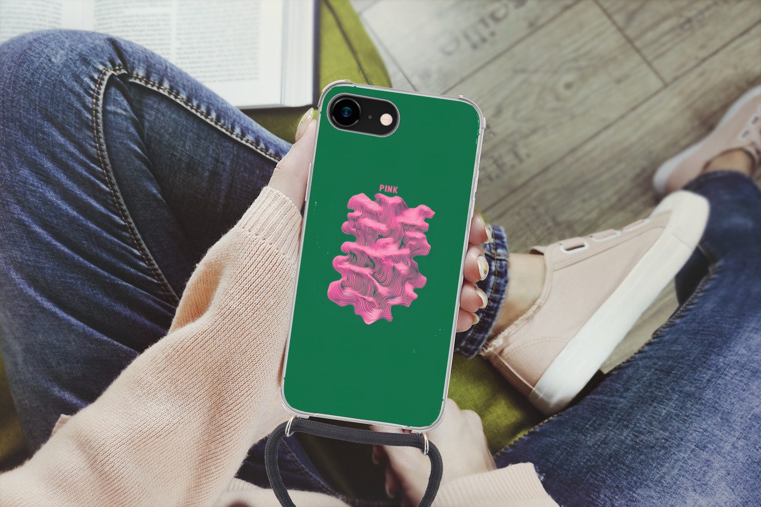 MuchoWow Handyhülle für Apple iPhone 8 Abstrakt - Rosa - Linien - Grün, Tragbare Handyhüllen mit Kette zum umhängen, Handykette Handyband