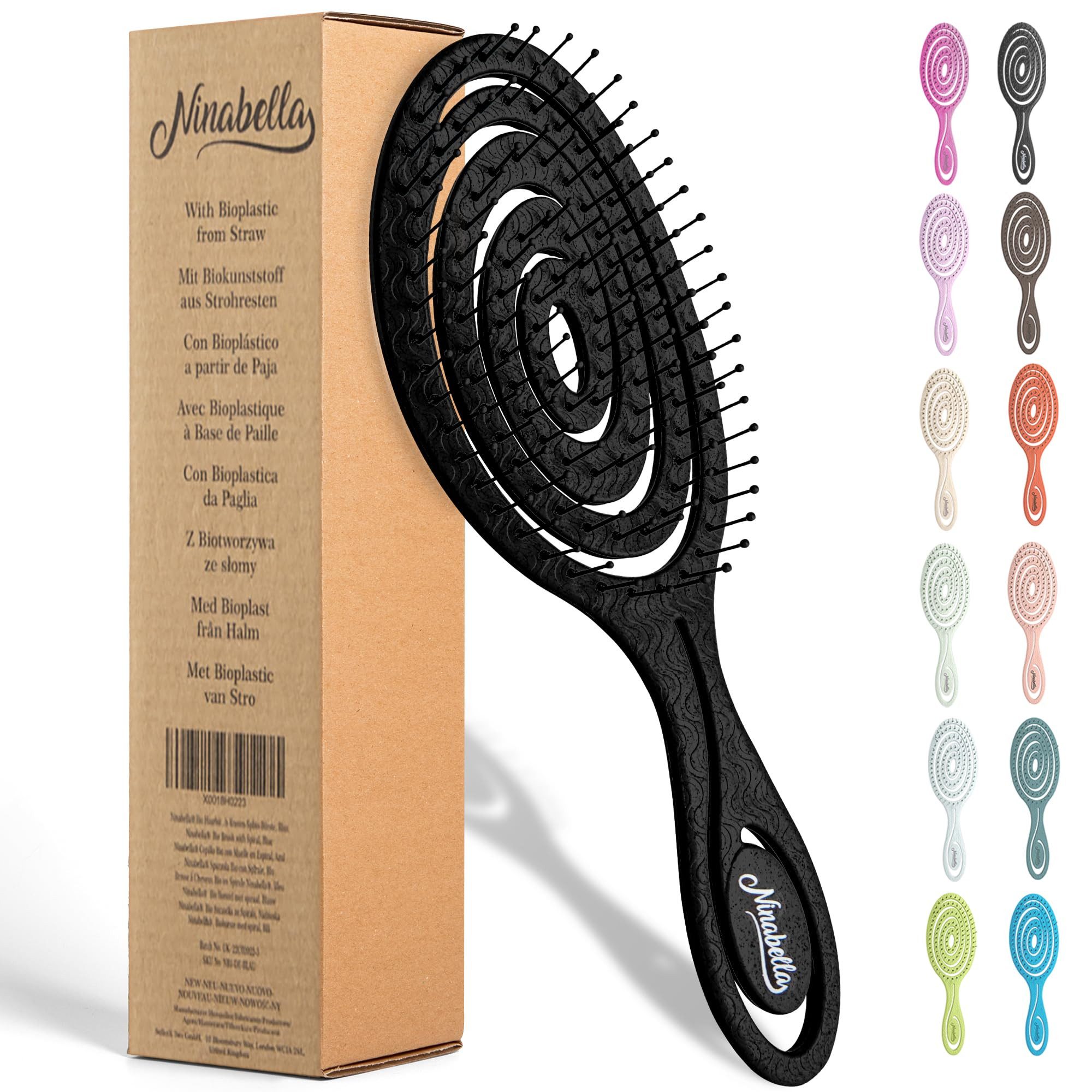 Ninabella Haarbürste Profi Detangler-Bürste - Spiralfeder Haarbürsten, 1-tlg., Haarbürste ohne Ziepen für Damen und Herren - Entwirrbürste - Schwarz