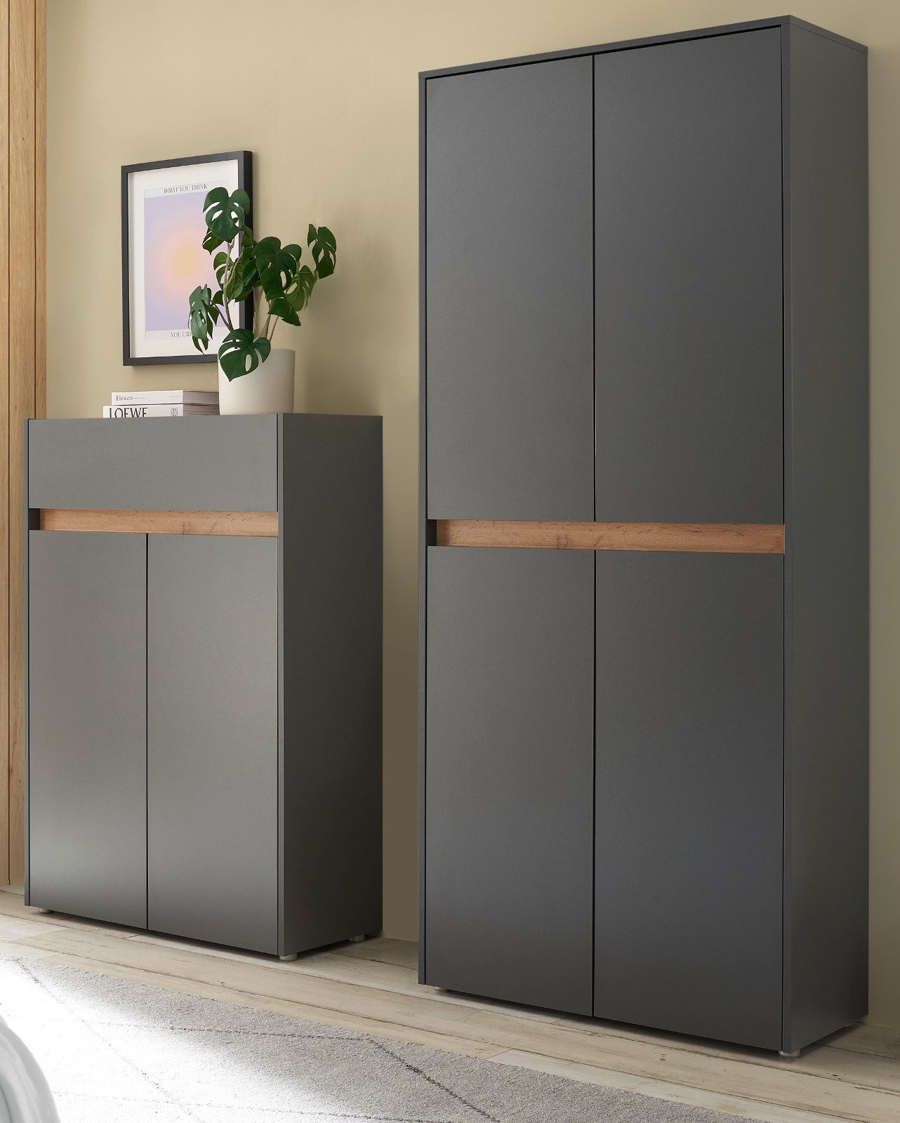 Furn.Design Garderoben-Set Center, (Kombination in grau mit Wotan Eiche, 2-St., Kommode und XXL Schuhschrank), 12 Fächer je 81 cm