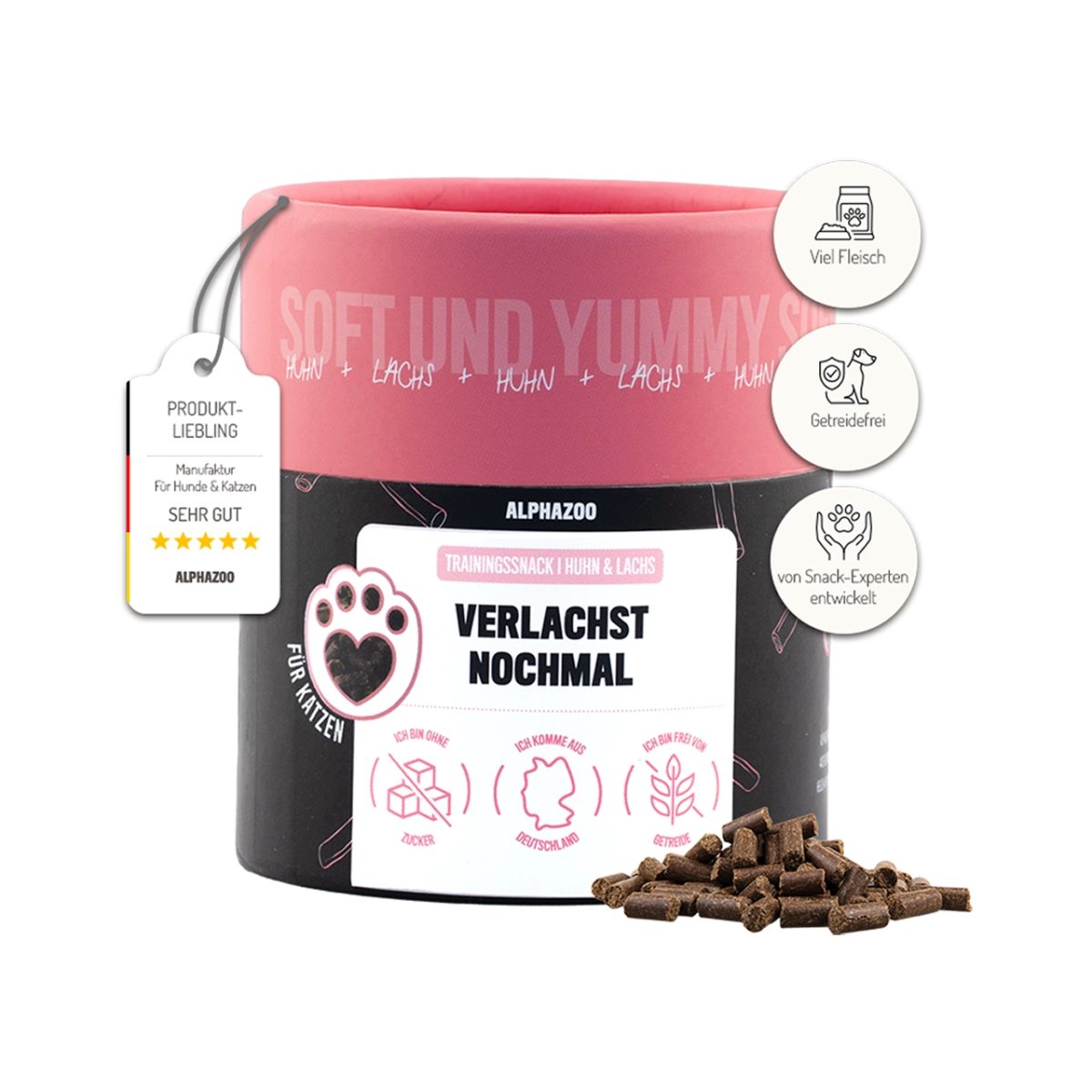 ALPHAZOO Verlachst Nochmal 65g Lachs & Huhn, Snack für: Katze, Getreidefrei