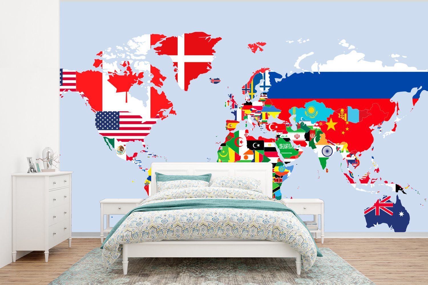 MuchoWow Fototapete Welt - Karte - Flagge - Länder, Matt, bedruckt, (6 St), Wallpaper für Wohnzimmer, Schlafzimmer, Kinderzimmer, Vinyl Tapete