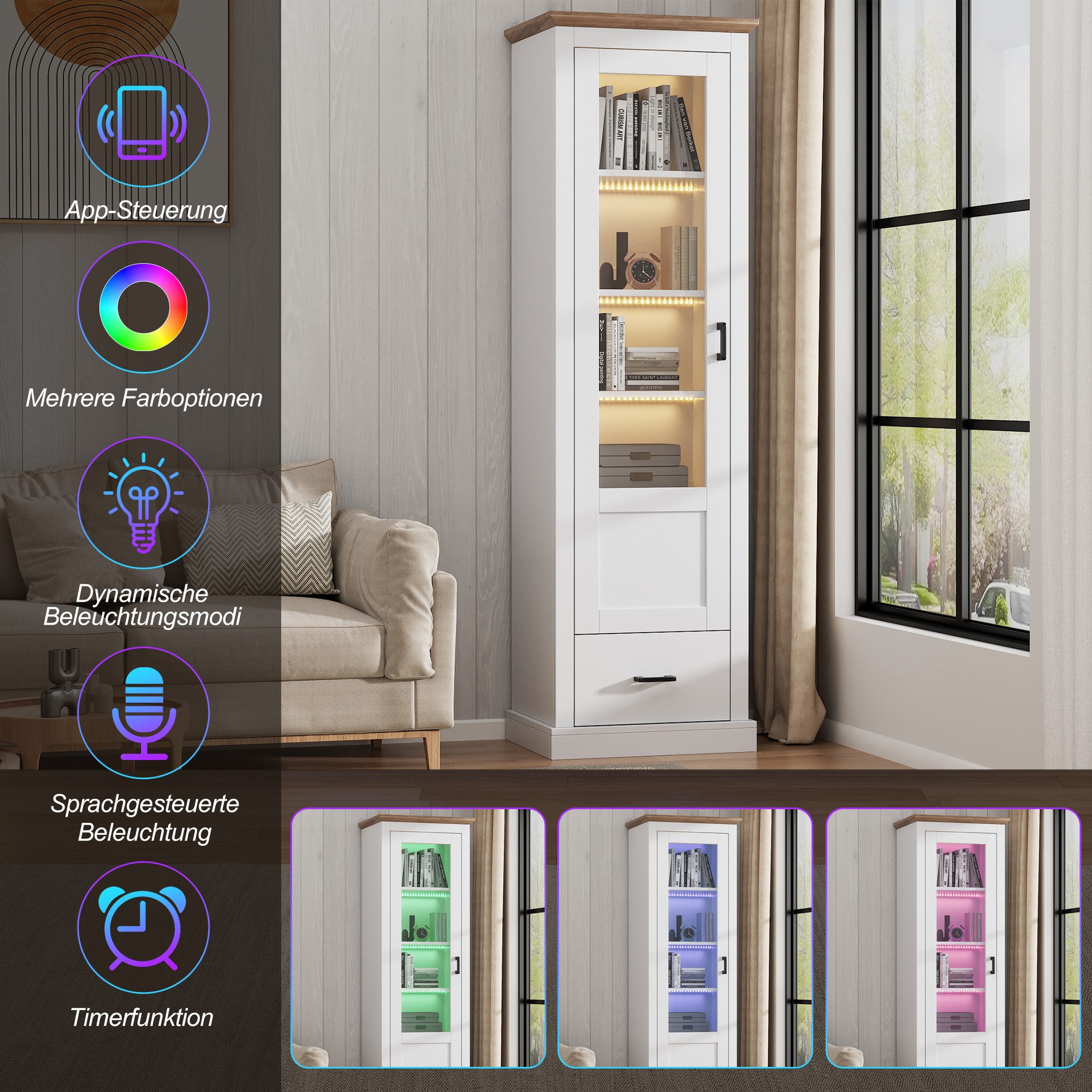Merax Standvitrine schmal Vitrinen mit LED und USB-Anschluss (inkl.Fernbedienung, 1-St., Hochschrank Standregal Schrank Vitrine) Vitrinenschrank mit verstellbar – Bild 4 von 5