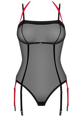 Obsessive Body Transparenter Body mit Strumpfhaltern - schwarz, rot