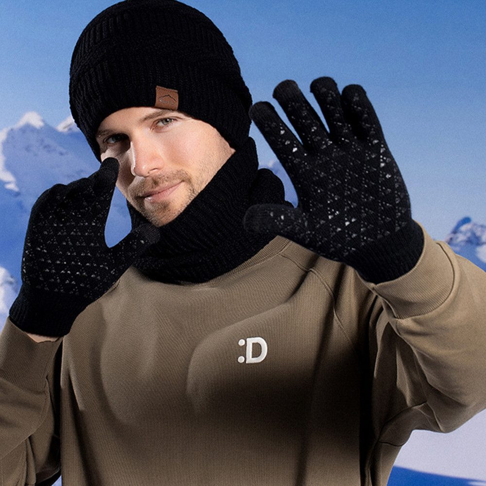 Cachito Mütze & Schal 3 Stück Mütze, Schal & Handschuh-Sets für Herren Damen (Strick Gefüttert Beanie Mütze Touchscreen Handschuhe Schal Wärmer) für Kaltes Wetter 3-in-1 Set für den Winter