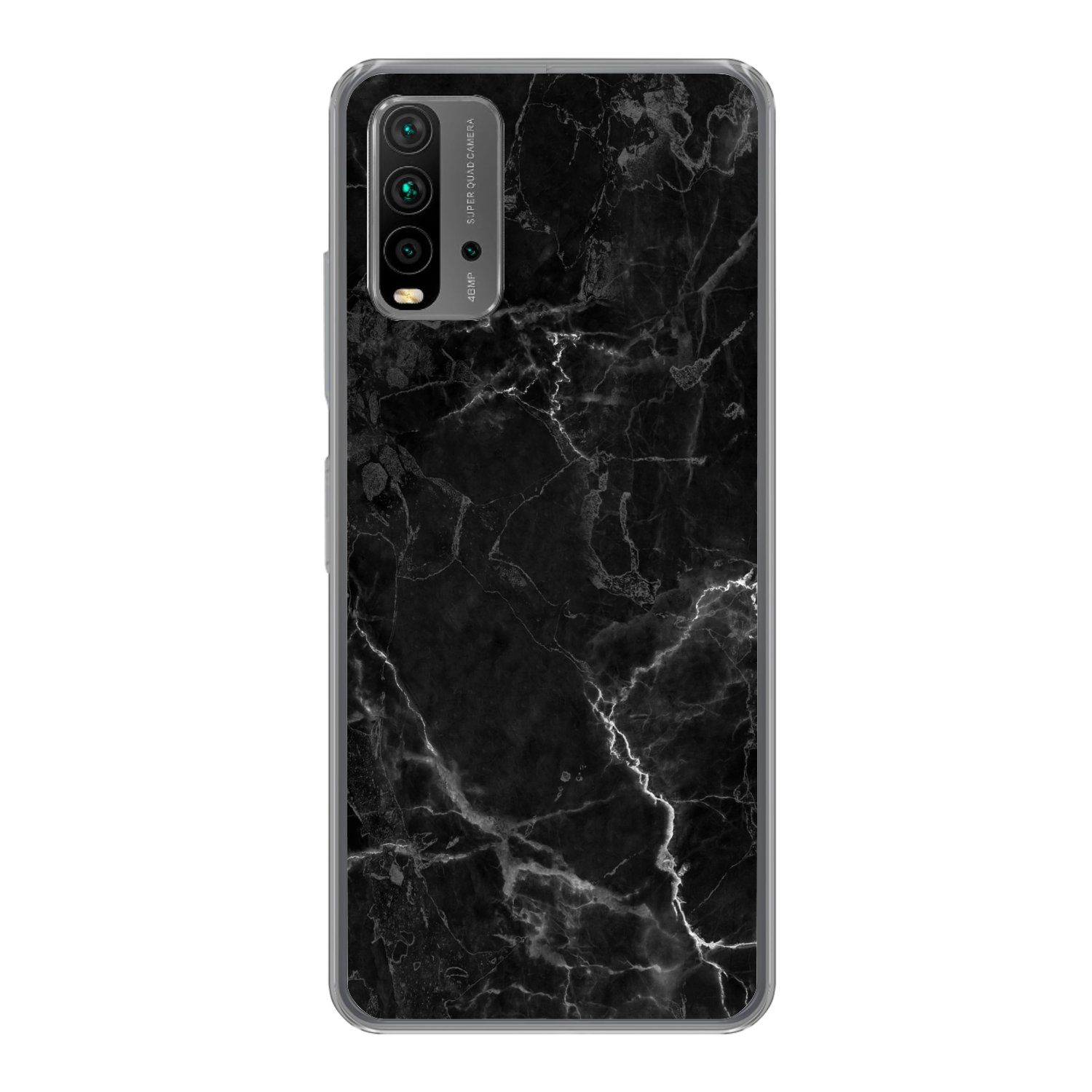MuchoWow Handyhülle für Xiaomi Redmi 9T Marmor - Schwarz - Weiß - Textur - Marmoroptik, Phone Case, Silikon, Schutzhülle Dünn