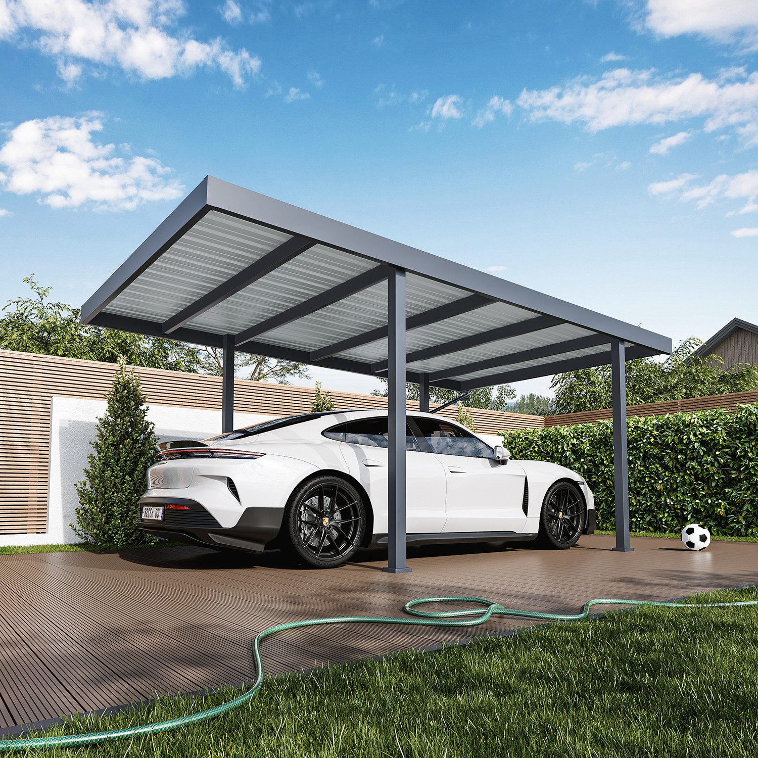 Weide Einzelcarport Metta Stahl-Carport Fahrzeugüberdachung Pultdach 3,2 x 5,5 M Anthrazit, BxT: 550x320 cm, 255 cm Einfahrtshöhe