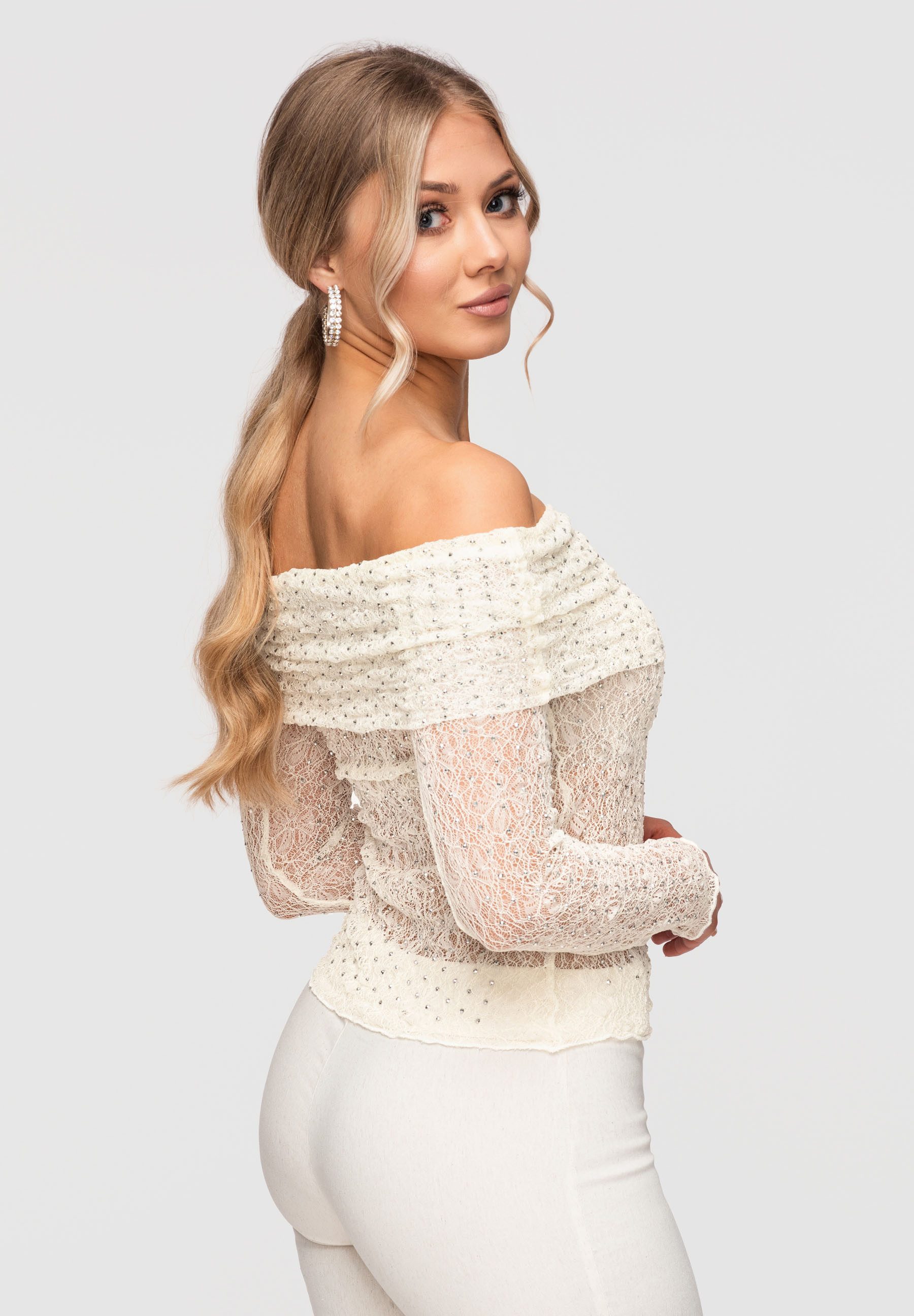 OMBRE Carmenbluse Damen Carmenbluse Spitze Elegant Ecru S/M (kein Set, 1-tlg) Ajour-Muster, transparente Ärmel