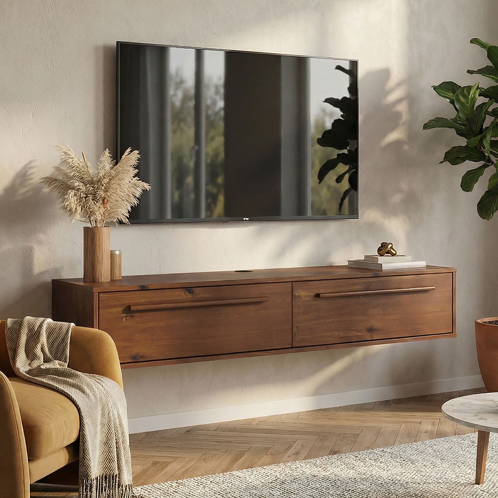 IDIMEX Lowboard TECCA, Sideboard mit 2 Türen aus Massivholz wandmontage Kastanie Finish