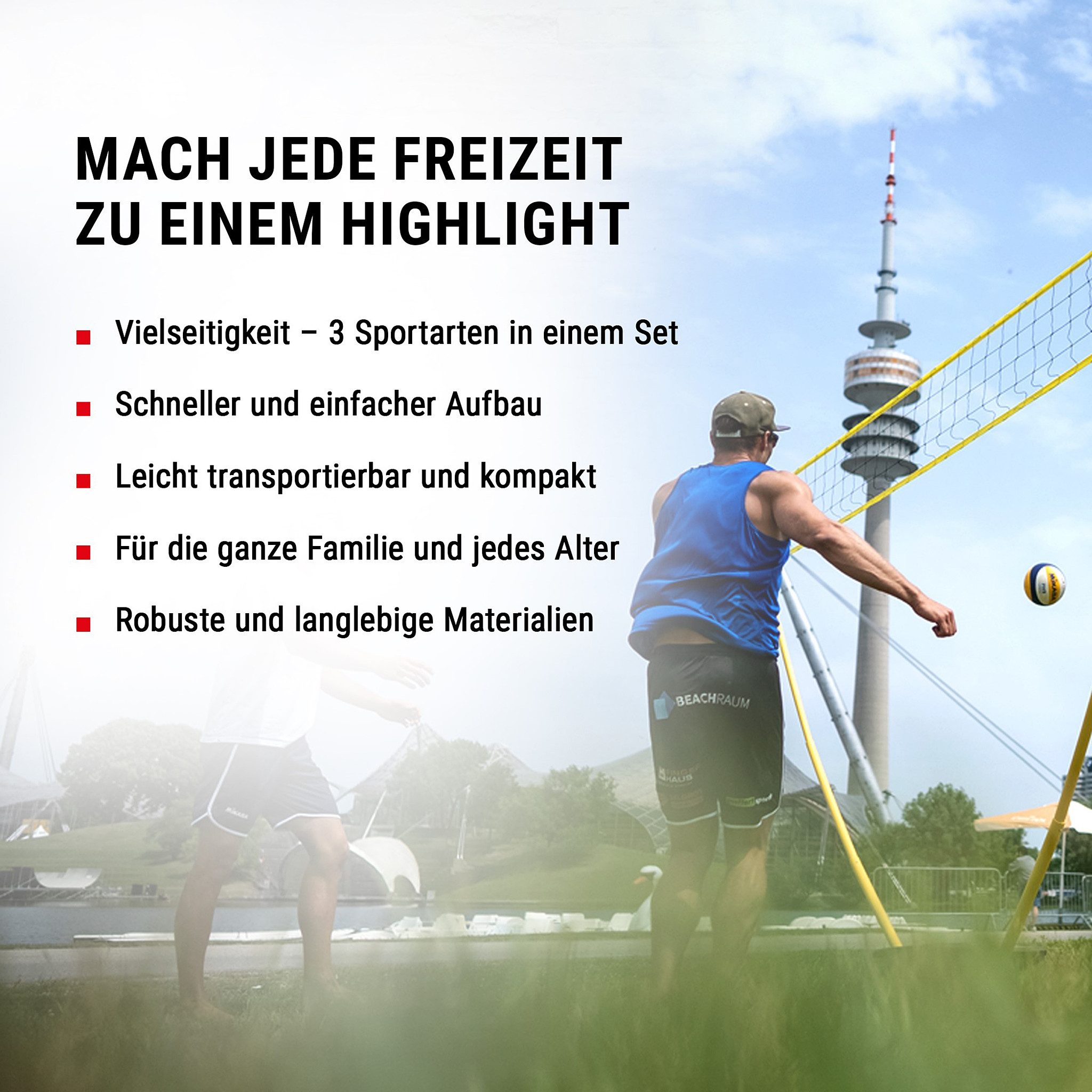 Hammer Volleyballnetz 3 in1 Netz-Set für Badminton, Tennis und Volleyball – Bild 3 von 5