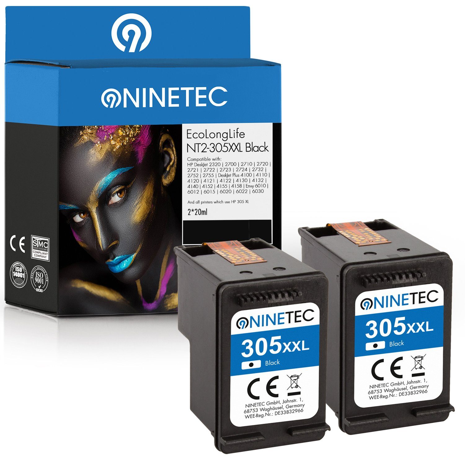NINETEC 2er Set EcoLonglife ersetzt HP 305 305XL XL XXL Black über 400% mehr Inhalt! Tintenpatrone