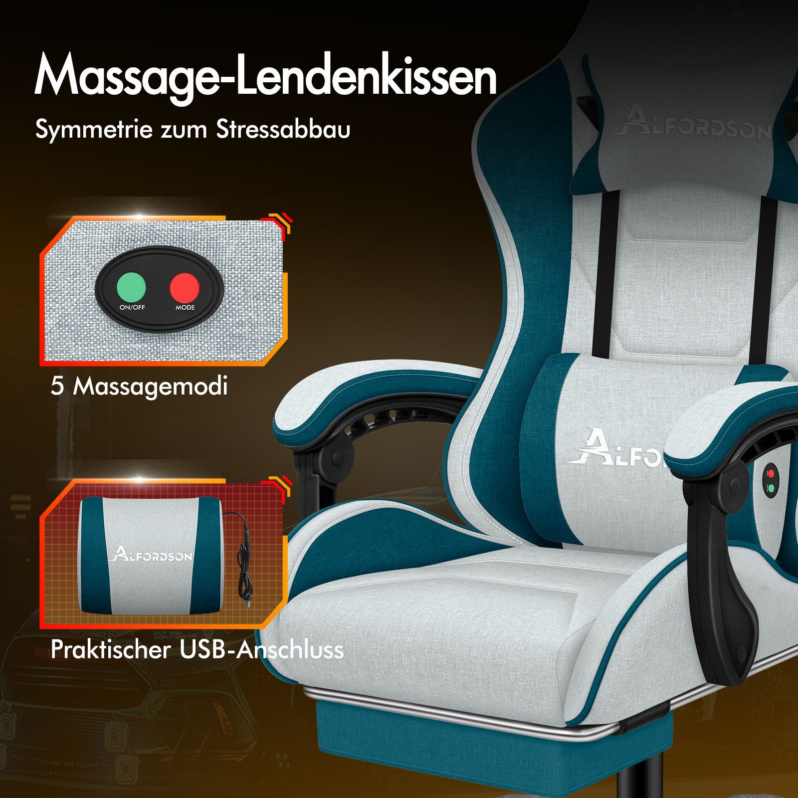 ALFORDSON Bürostuhl Gaming-Stuhl, Massage-Gaming-Stuhl, Ergonomischer Gamer-Stuhl, mit Fußstütze, Kopfstütze, Massage-Lendenkissen, Dunkelblaugrün