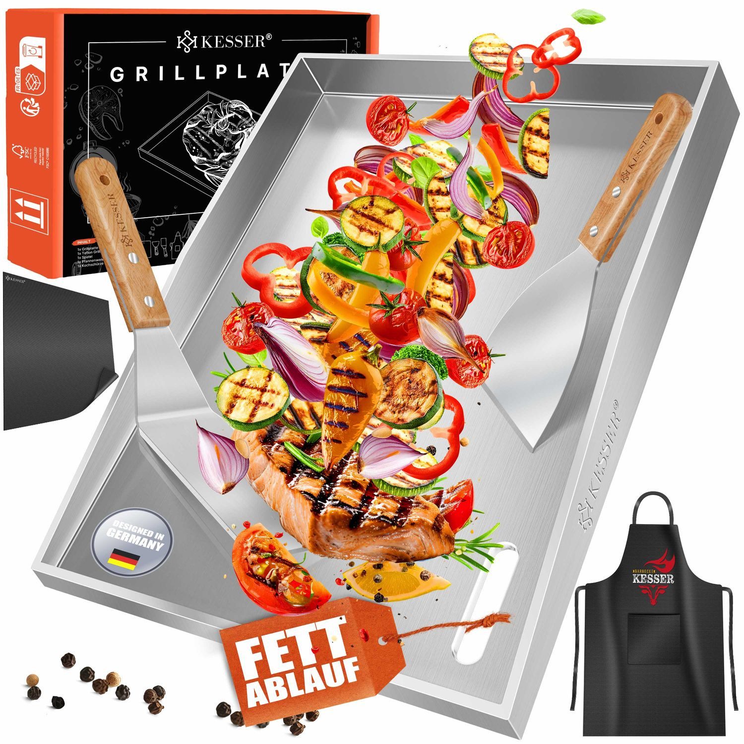 KESSER Grillplatte Plancha aus Edelstahl hitzebeständig bis 800°C (inklusive 2 Spatel, Grillschürze & Grillmatte), Grill Platte für Gas- & Holzkohlegrill mit Fettablauf & Anti-Stick