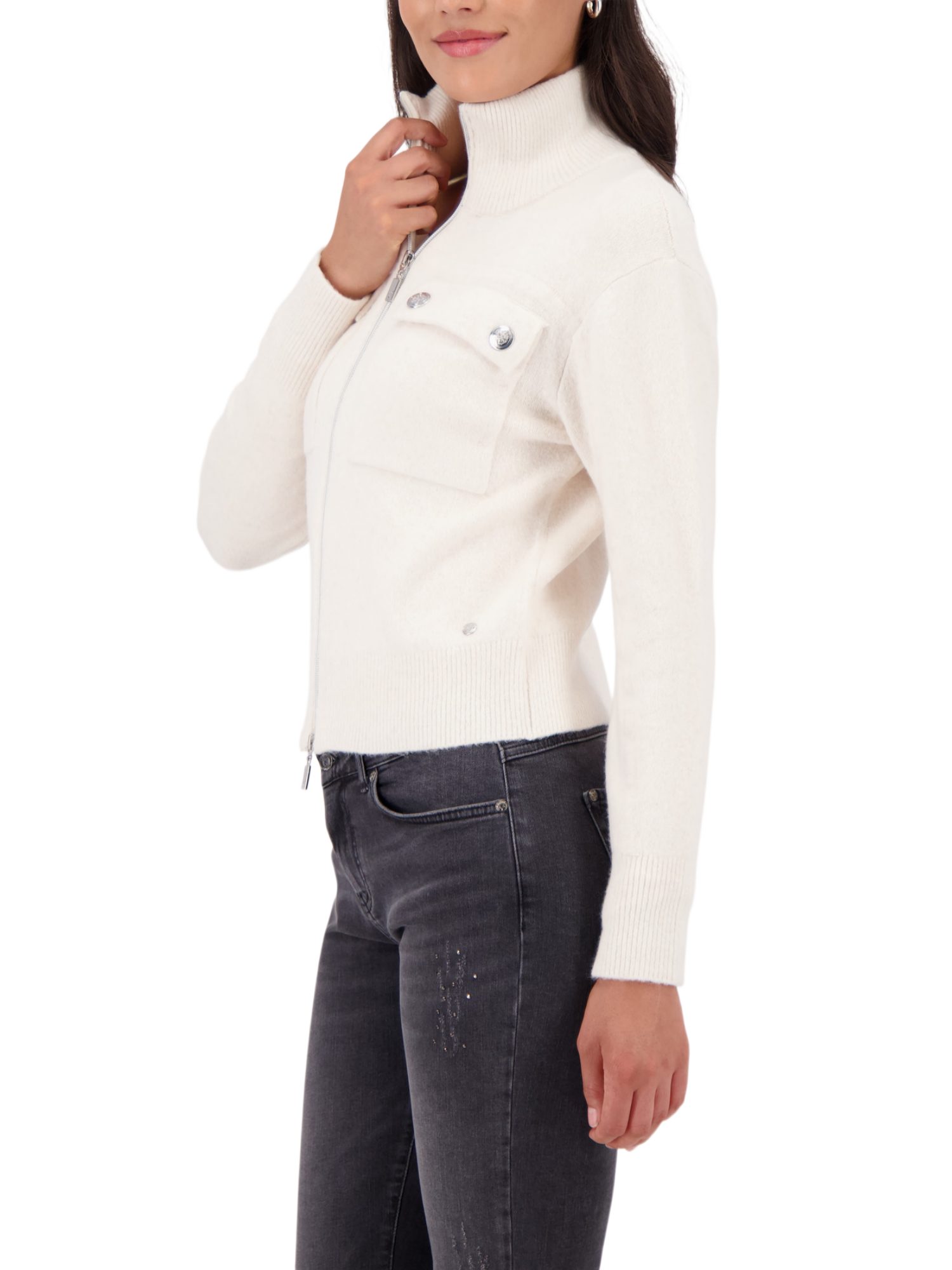 Monari Strickjacke weiß,Casual,Polyester,Unifarben,Stehkragen,Lang,Regular Fit