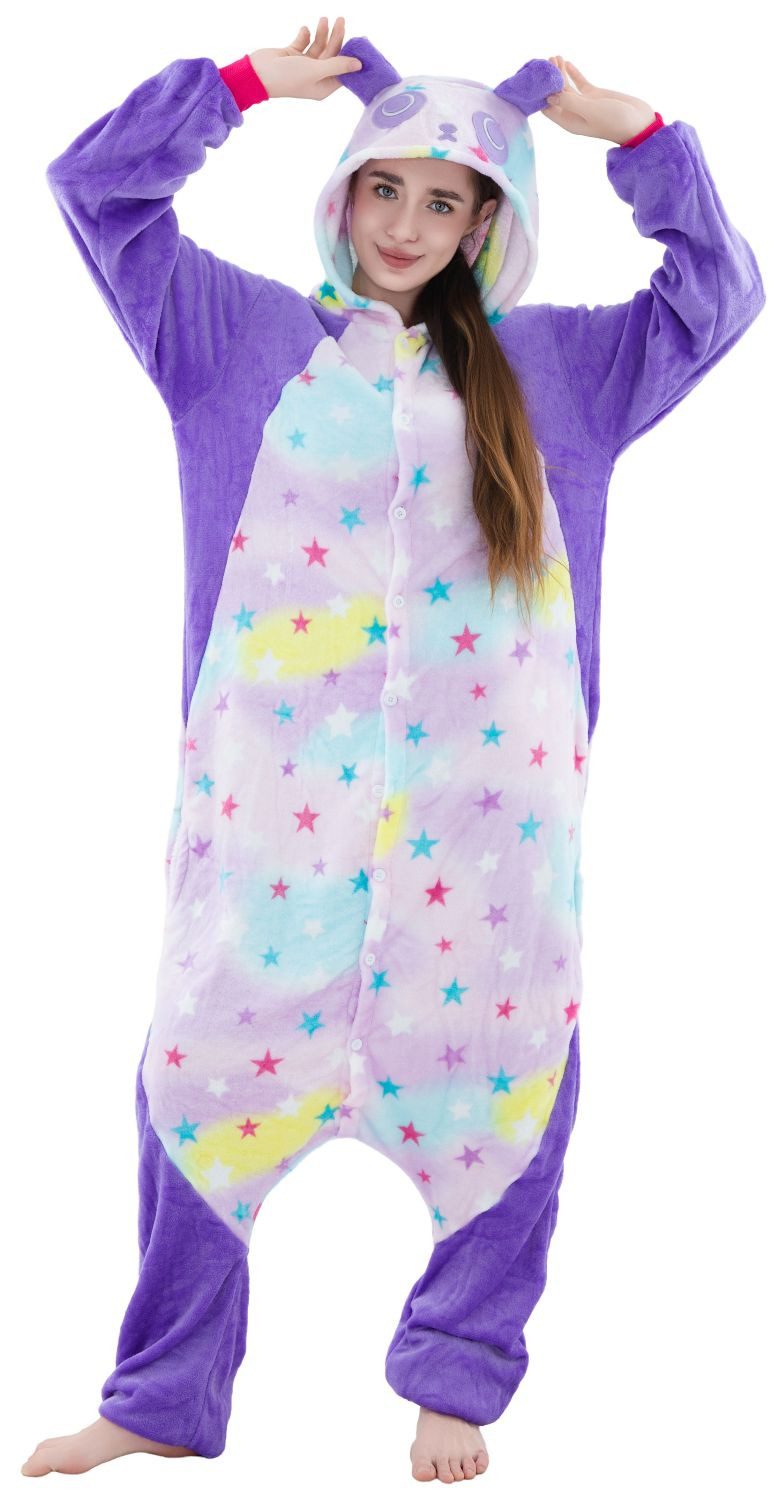 Corimori Partyanzug Onesie Ganzkörper Kostüm für Erwachsene, Damen Herren Karneval Tier-Kostüme Panda bunte Sterne Regenbogen,XL