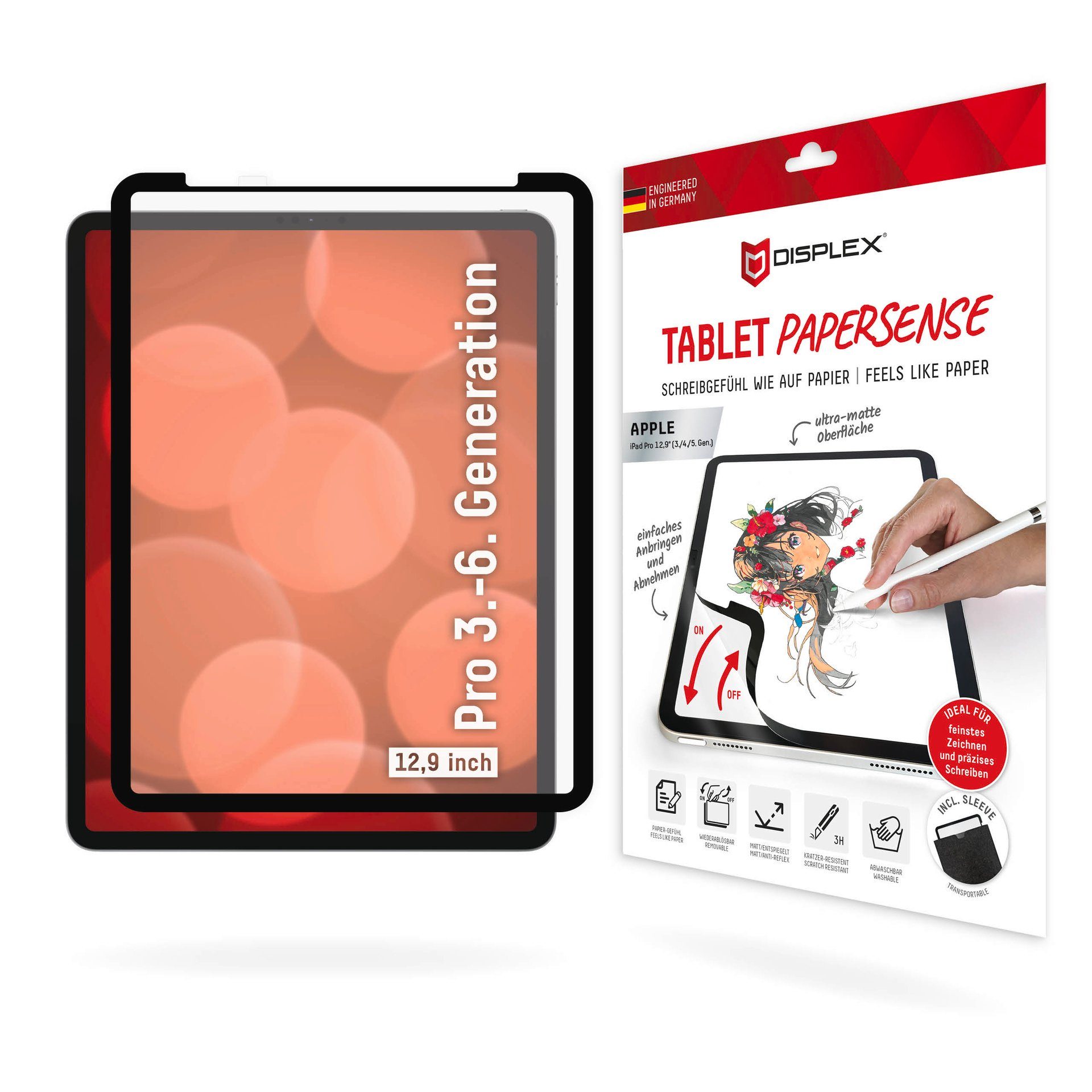 Displex Displayschutzfolie Tablet PaperSense für Apple iPad Pro 12,9 (3./4./5./6. Gen), Schreiben wie auf Papier
